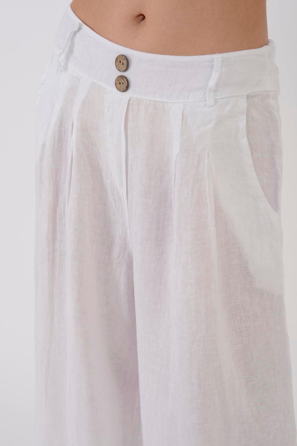 30550 Düz Desen Düğme Detaylı Keten Pantolon