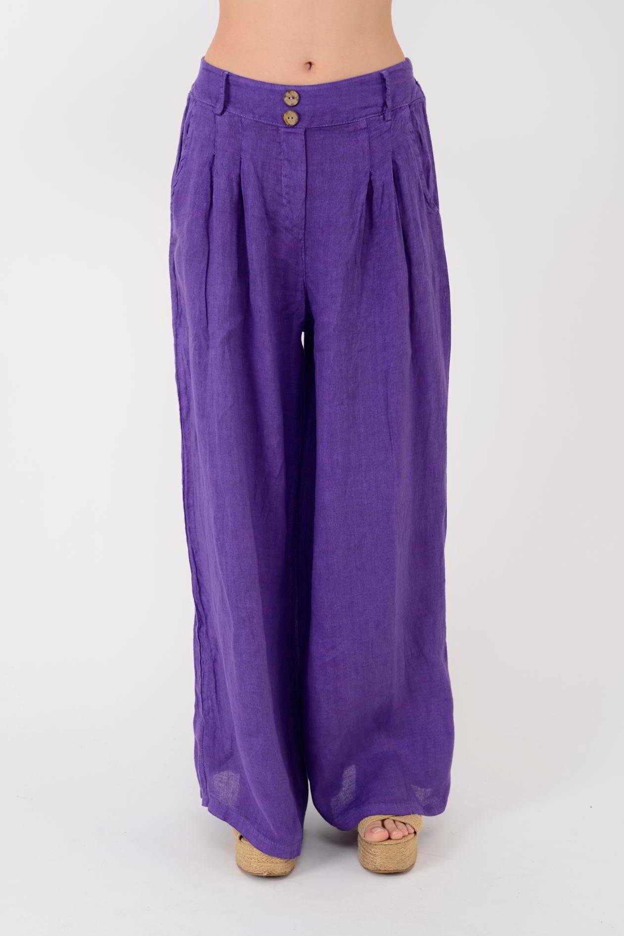 30550 Düz Desen Düğme Detaylı Keten Pantolon