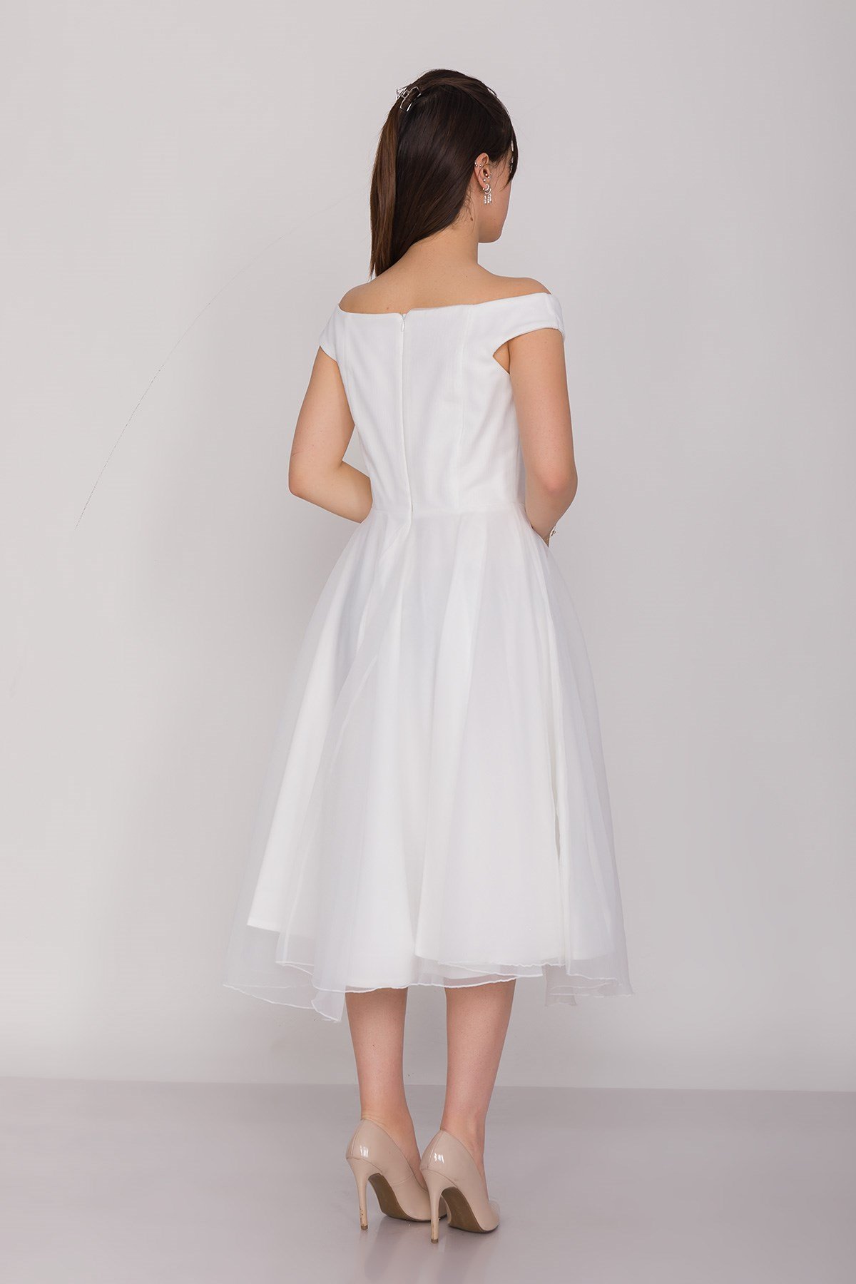 3059 Kayık Yaka Organze Kumaş Midiboy Çan Etek Elbise