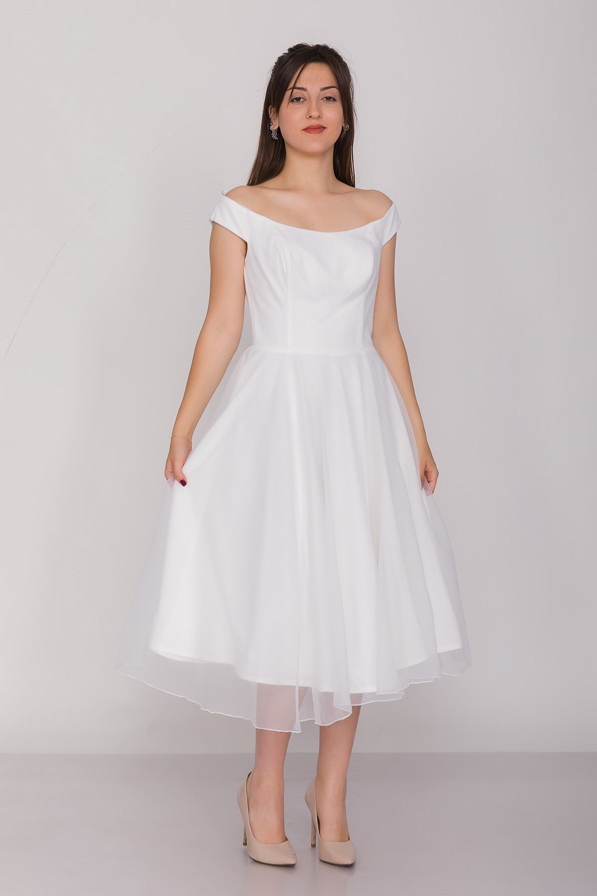 3059 Kayık Yaka Organze Kumaş Midiboy Çan Etek Elbise