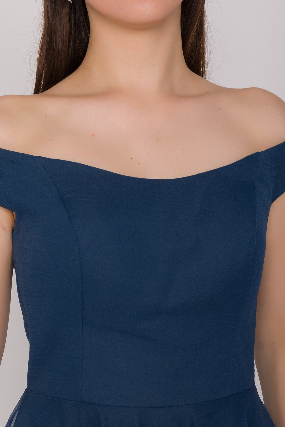 3059 Kayık Yaka Organze Kumaş Midiboy Çan Etek Elbise