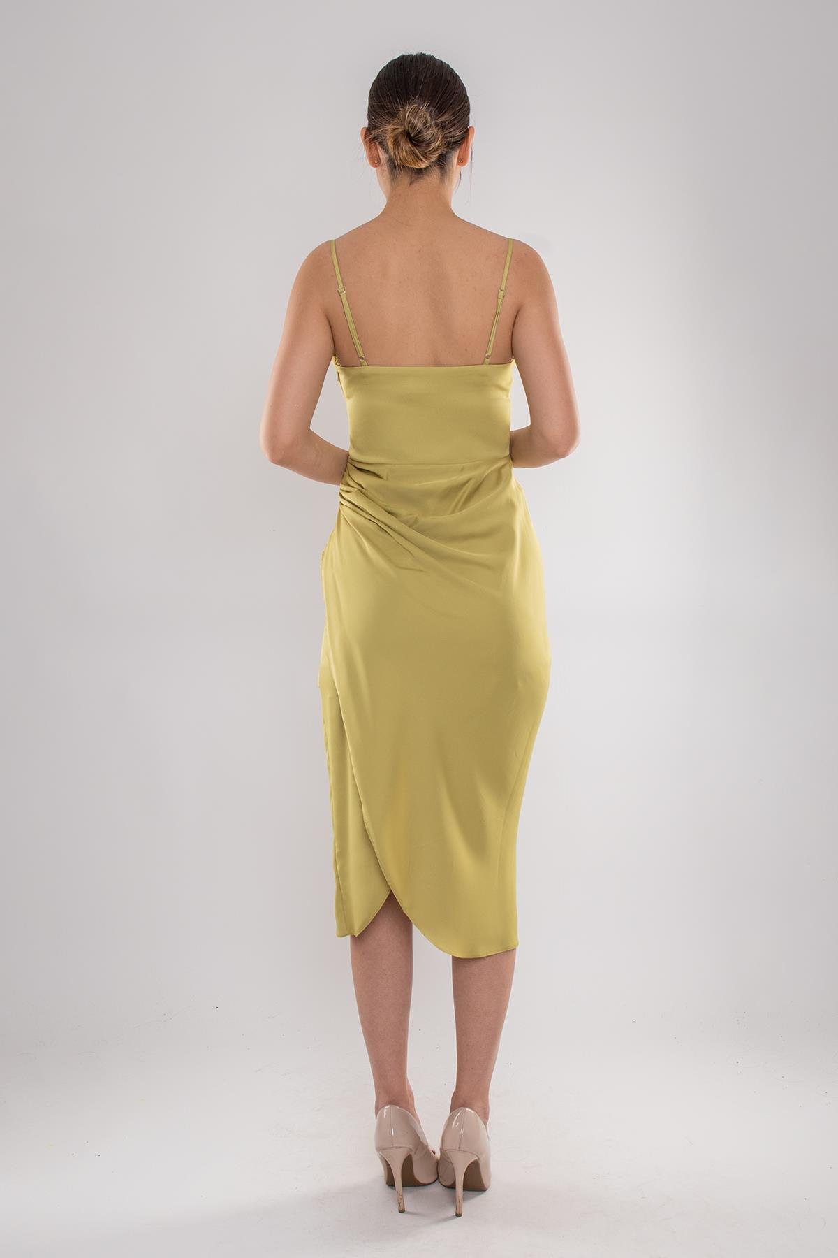 3060 KB İp Askılı Yanı Drape Önü Kapaklı Midiboy Kısa Elbise