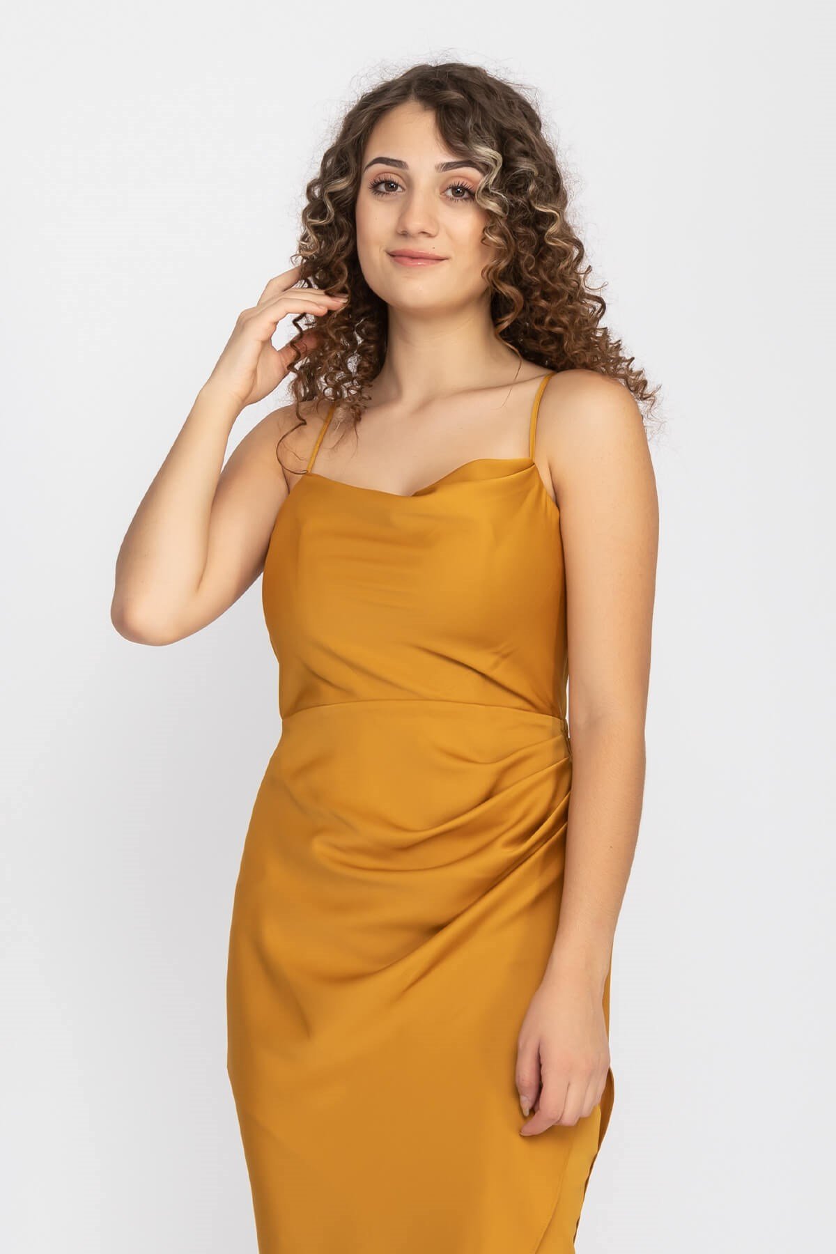 3060 KB İp Askılı Yanı Drape Önü Kapaklı Midiboy Kısa Elbise