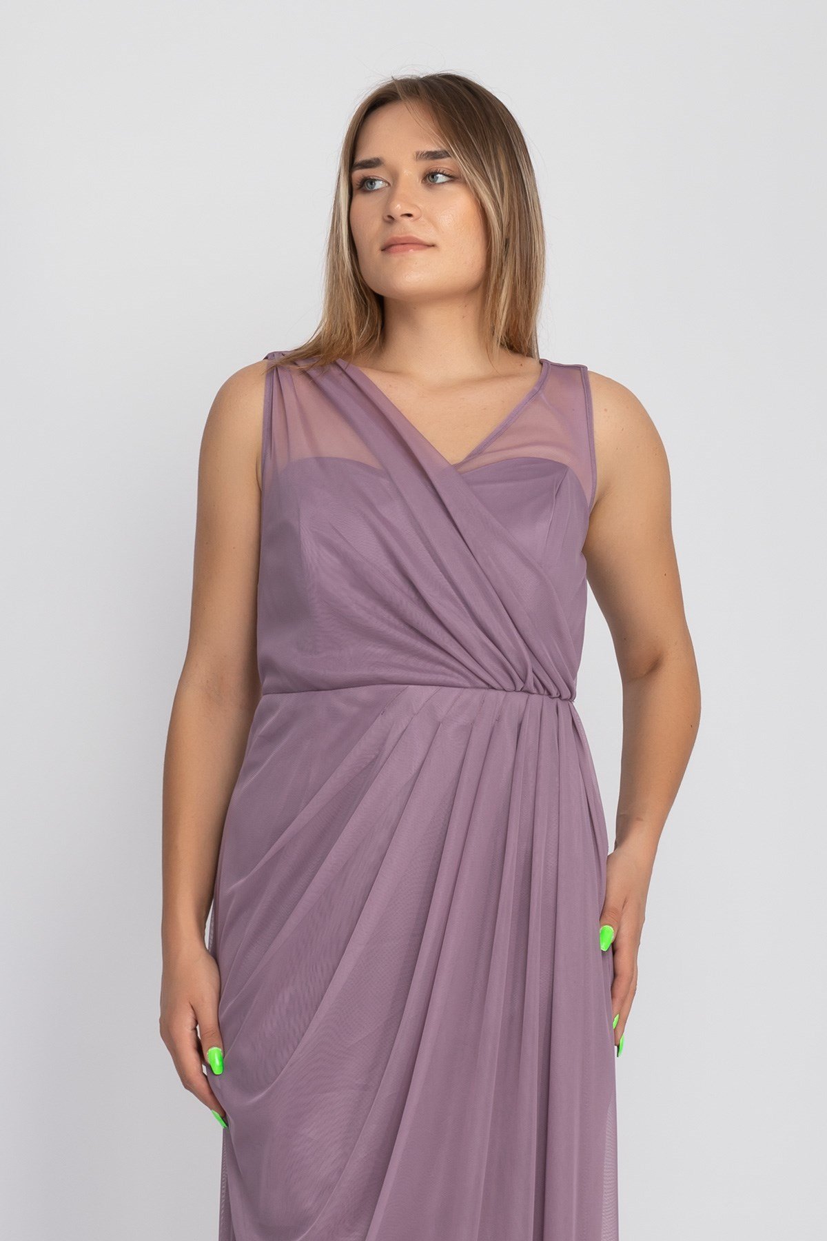 3094 Büyükbeden Eteği Drapeli Uzun Abiye Elbise