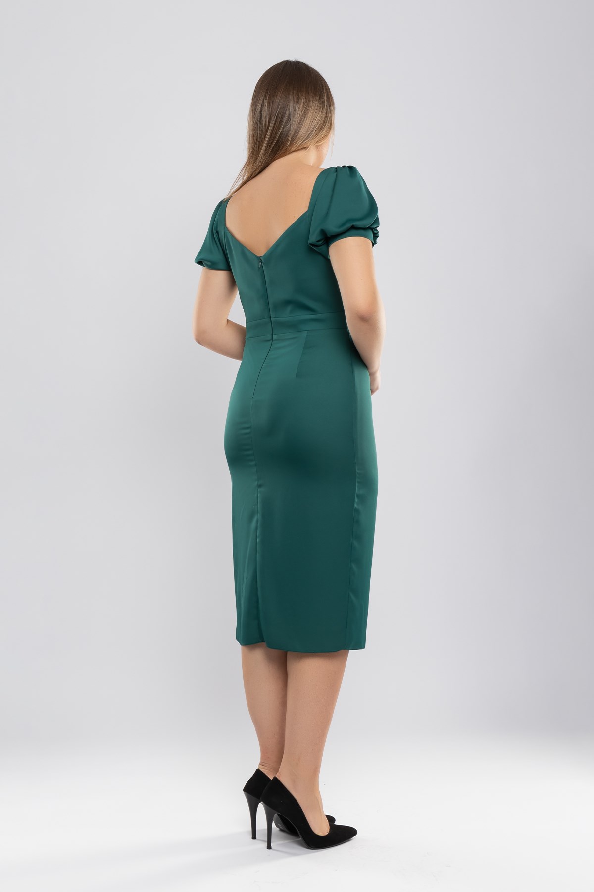 3096 BüyükBeden Şal Yaka BalonKol Saten Kısa Elbise