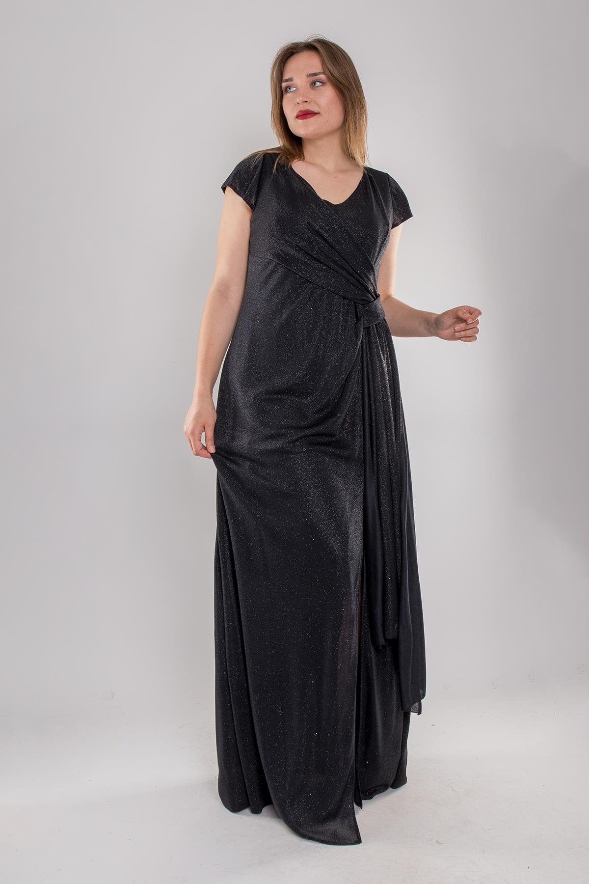 3104 Battal Beden Simli Önü Geçmeli Derin Vyaka Kısa Kol Uzun Elbise