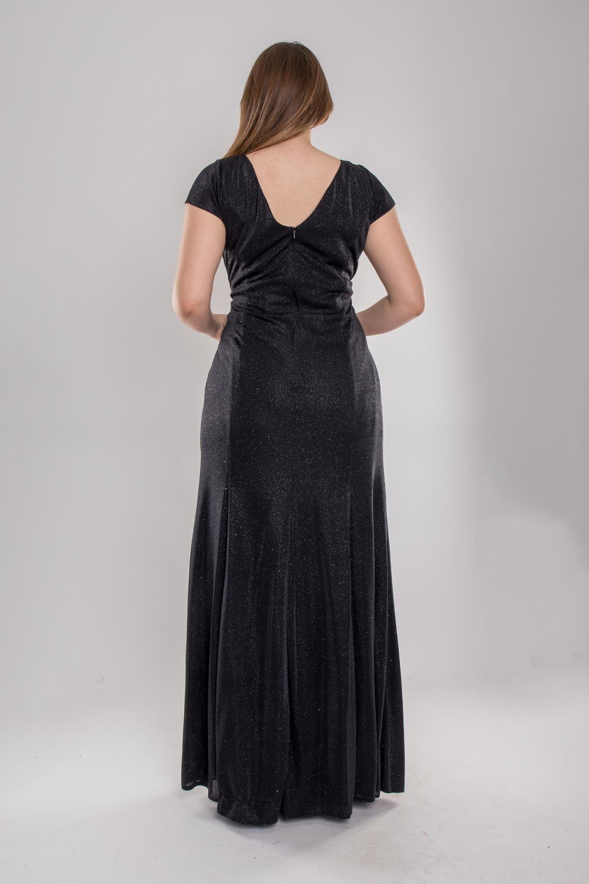 3104 Battal Beden Simli Önü Geçmeli Derin Vyaka Kısa Kol Uzun Elbise