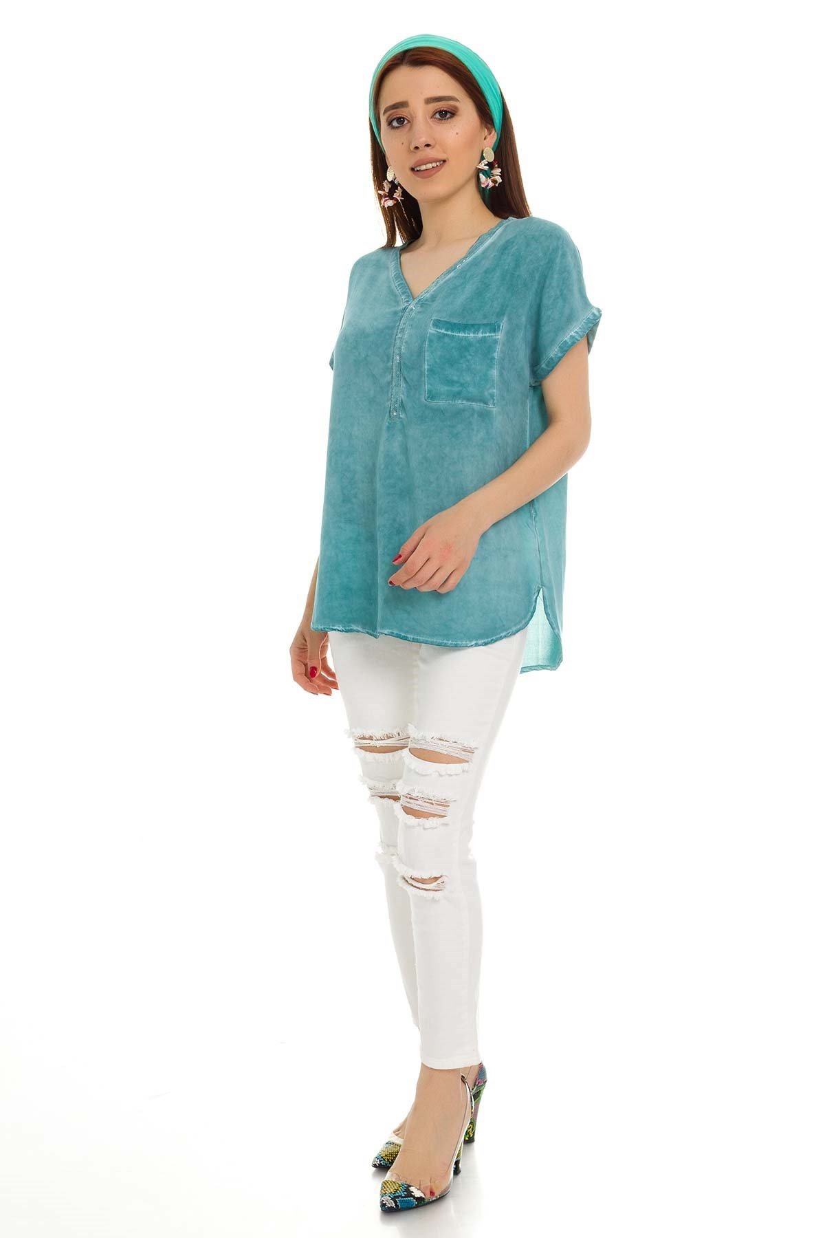 314 KB Yaka Pullu Yakma Keten Kısa Kol Bluz