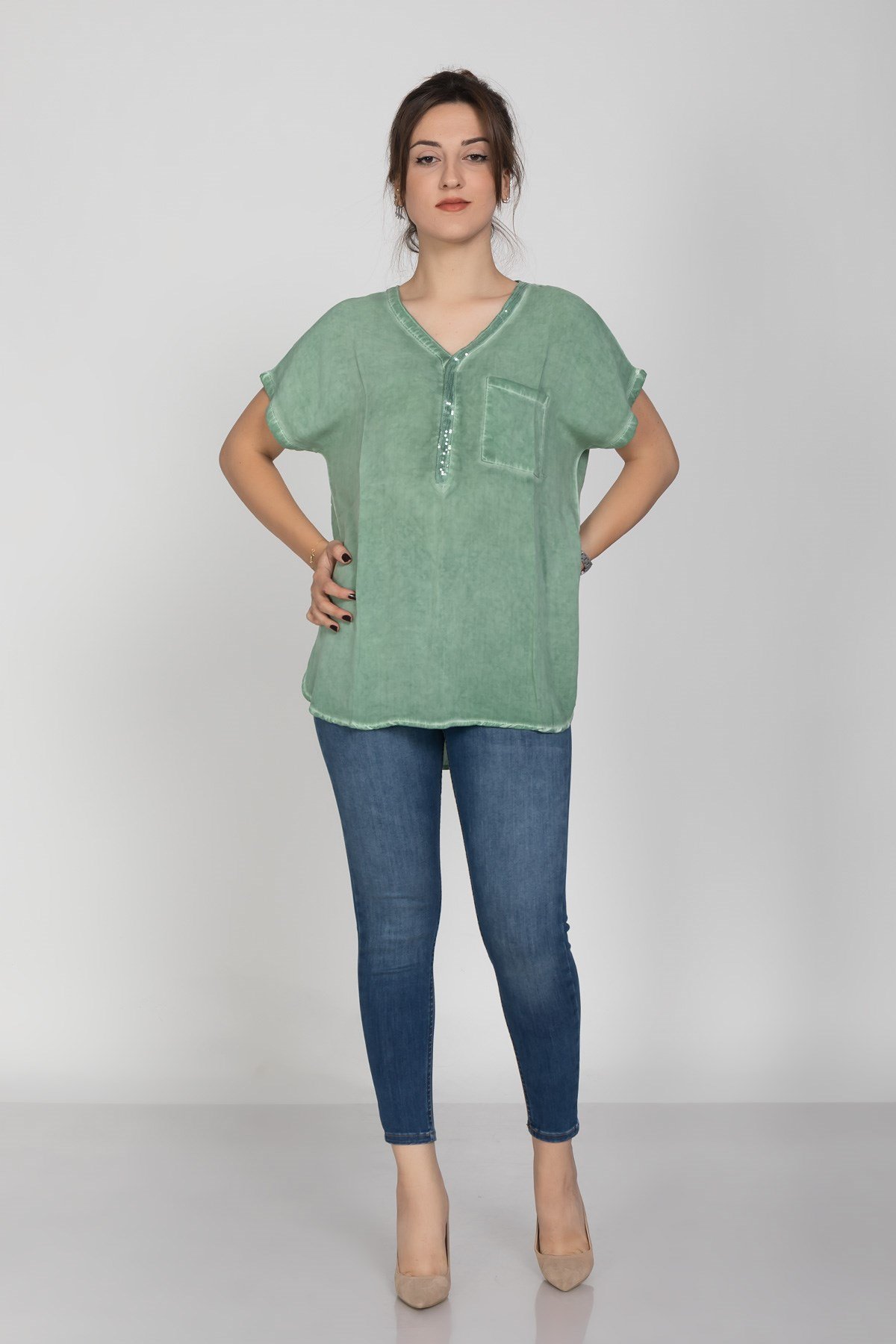 314 KB Yaka Pullu Yakma Keten Kısa Kol Bluz