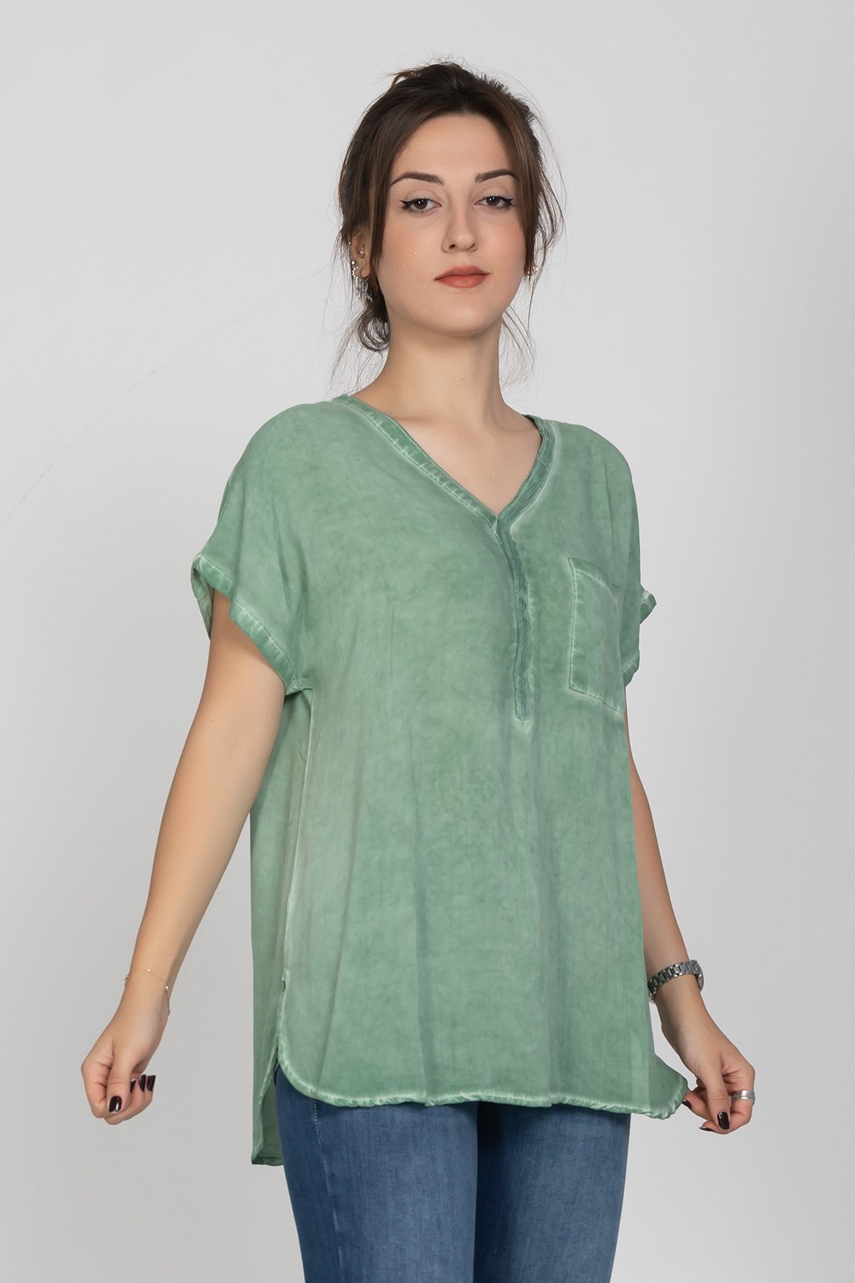 314 KB Yaka Pullu Yakma Keten Kısa Kol Bluz