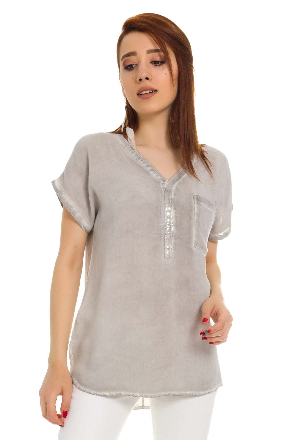 314 KB Yaka Pullu Yakma Keten Kısa Kol Bluz