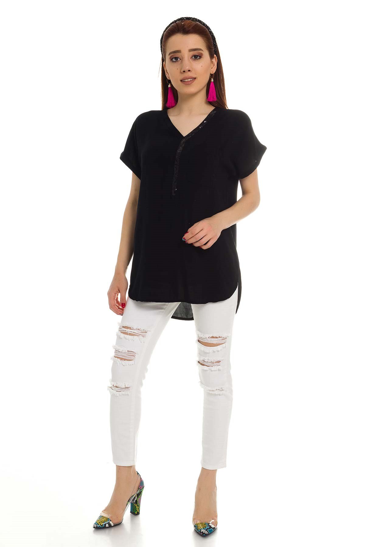 314 KB Yaka Pullu Yakma Keten Kısa Kol Bluz