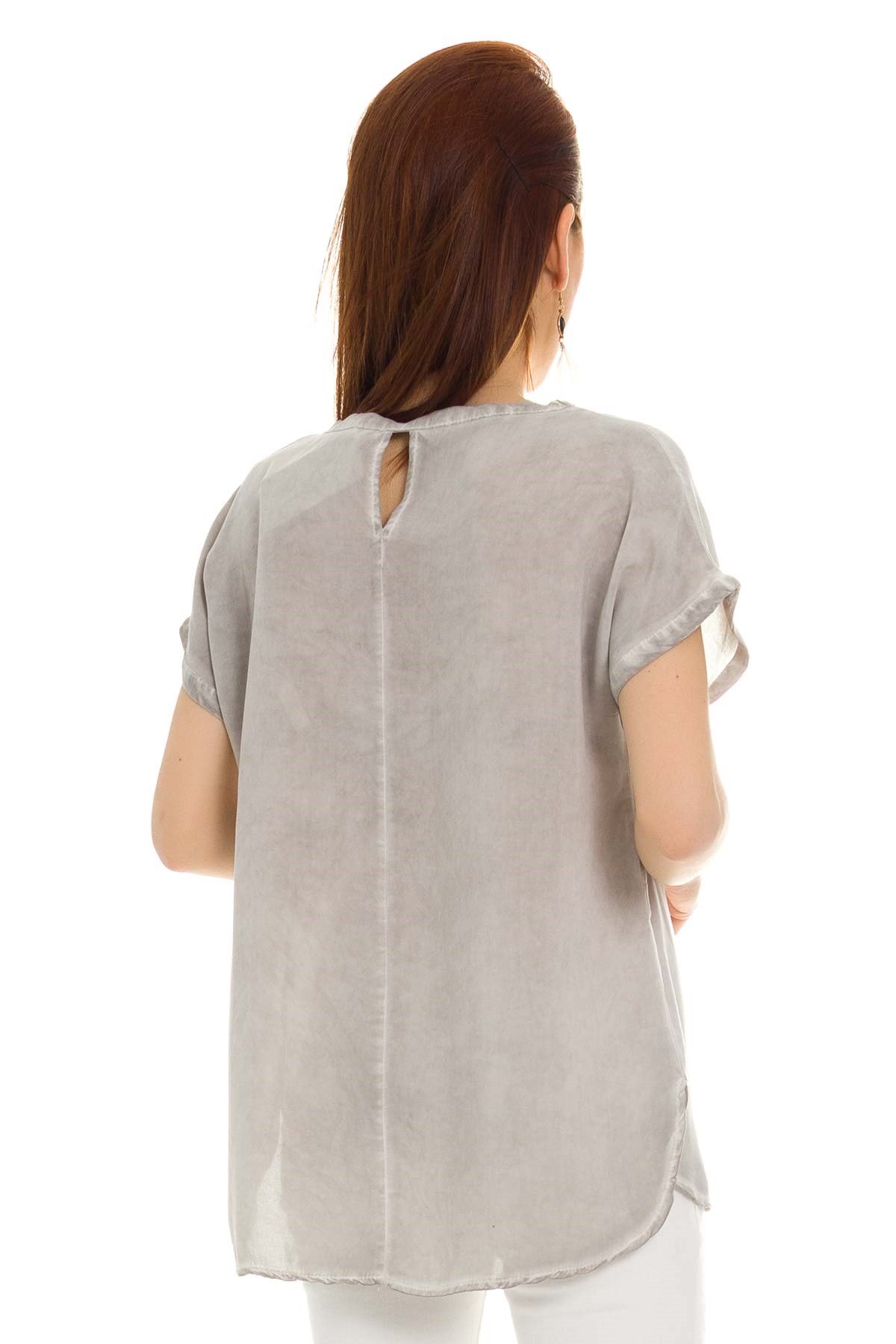 314 KB Yaka Pullu Yakma Keten Kısa Kol Bluz