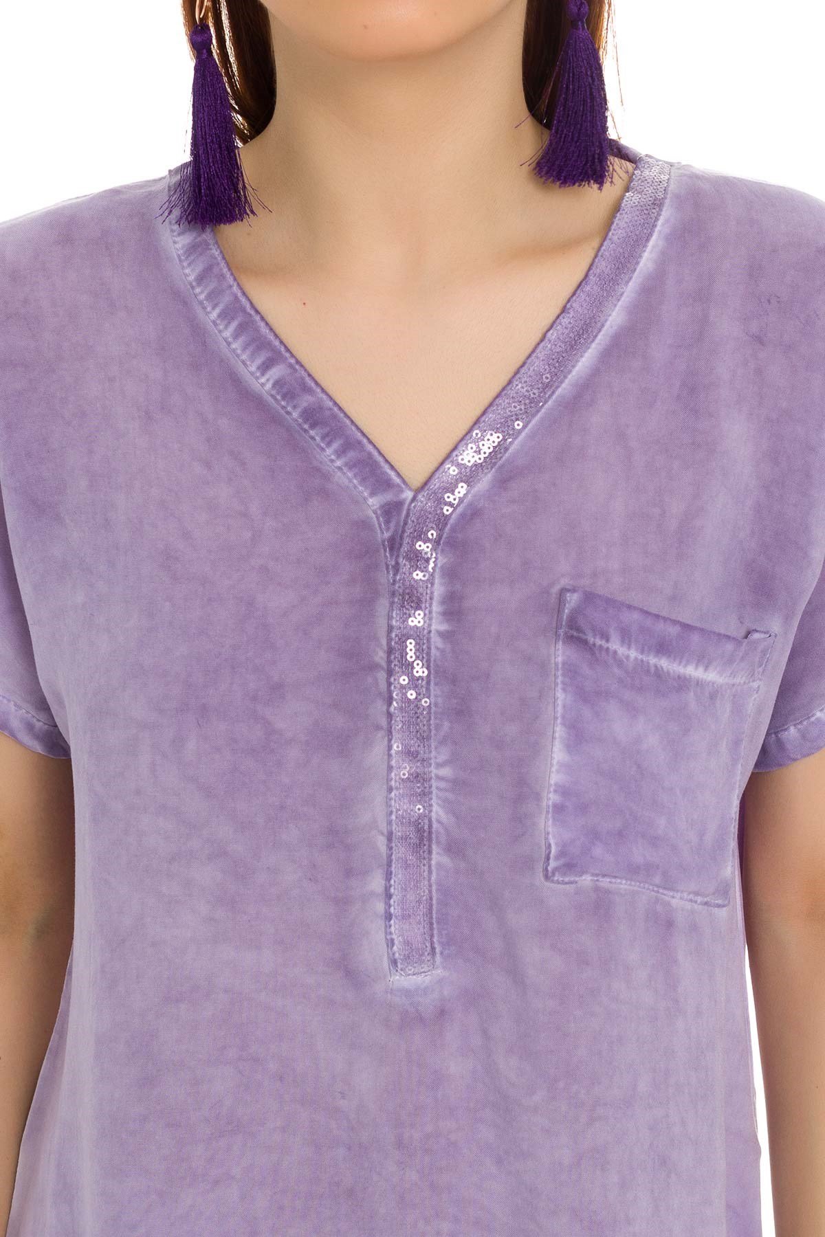 314 KB Yaka Pullu Yakma Keten Kısa Kol Bluz