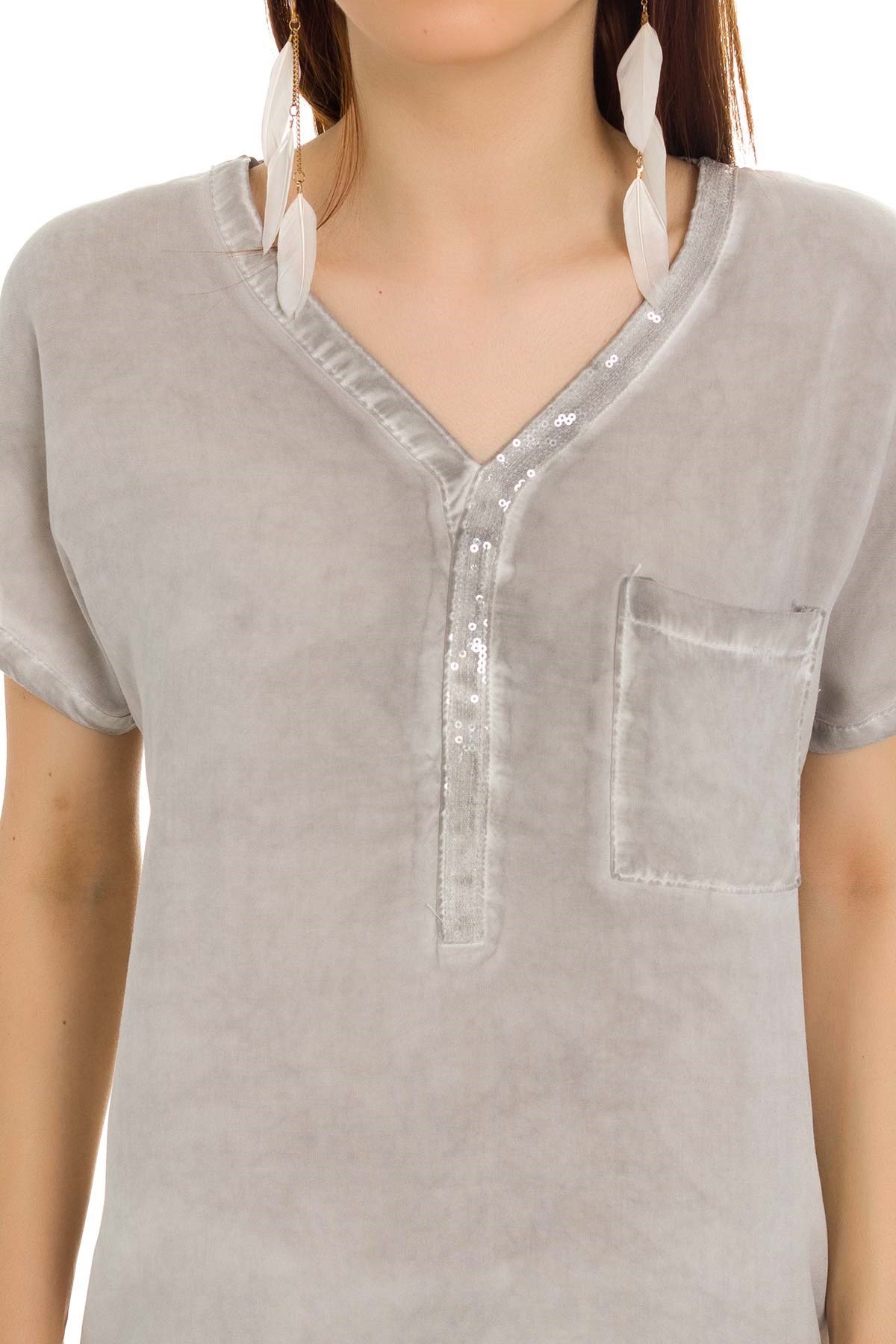 314 KB Yaka Pullu Yakma Keten Kısa Kol Bluz