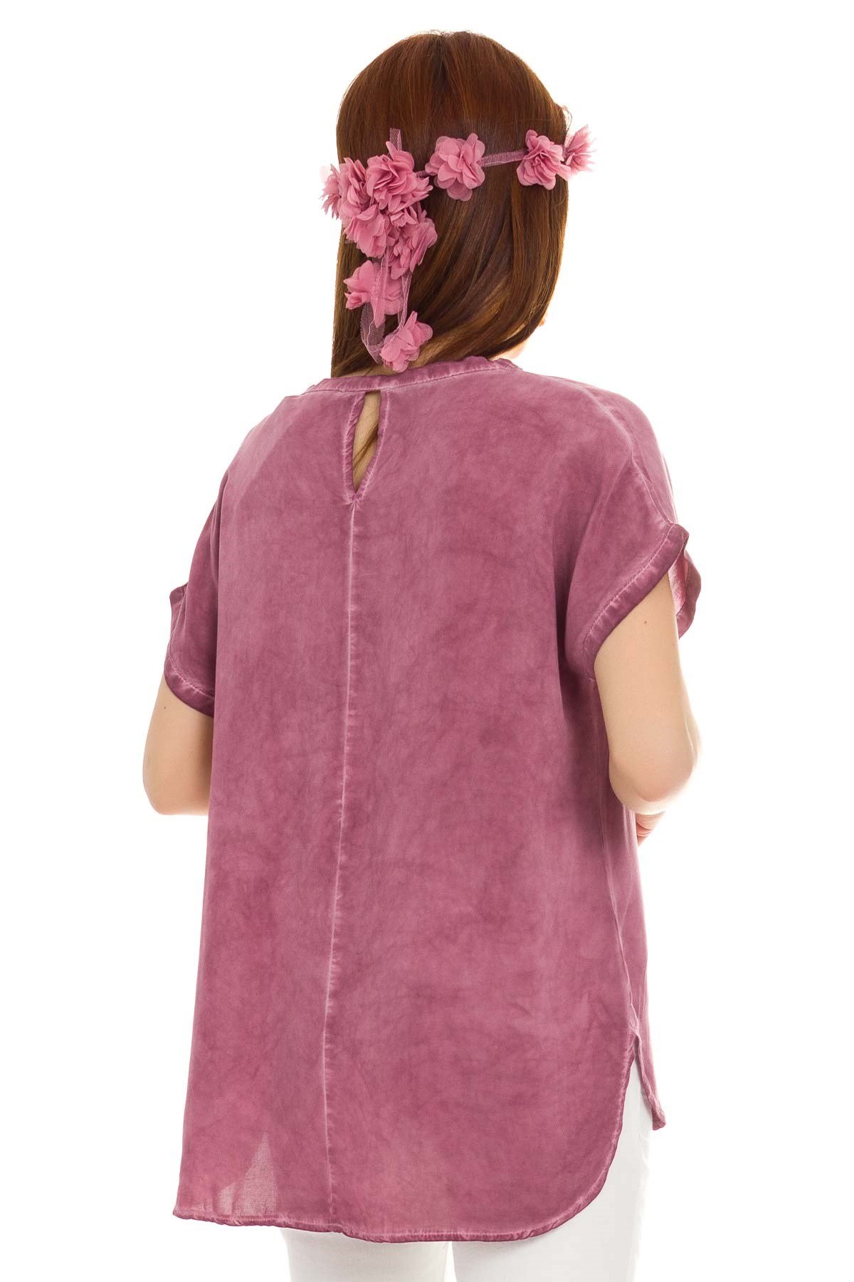 314 KB Yaka Pullu Yakma Keten Kısa Kol Bluz