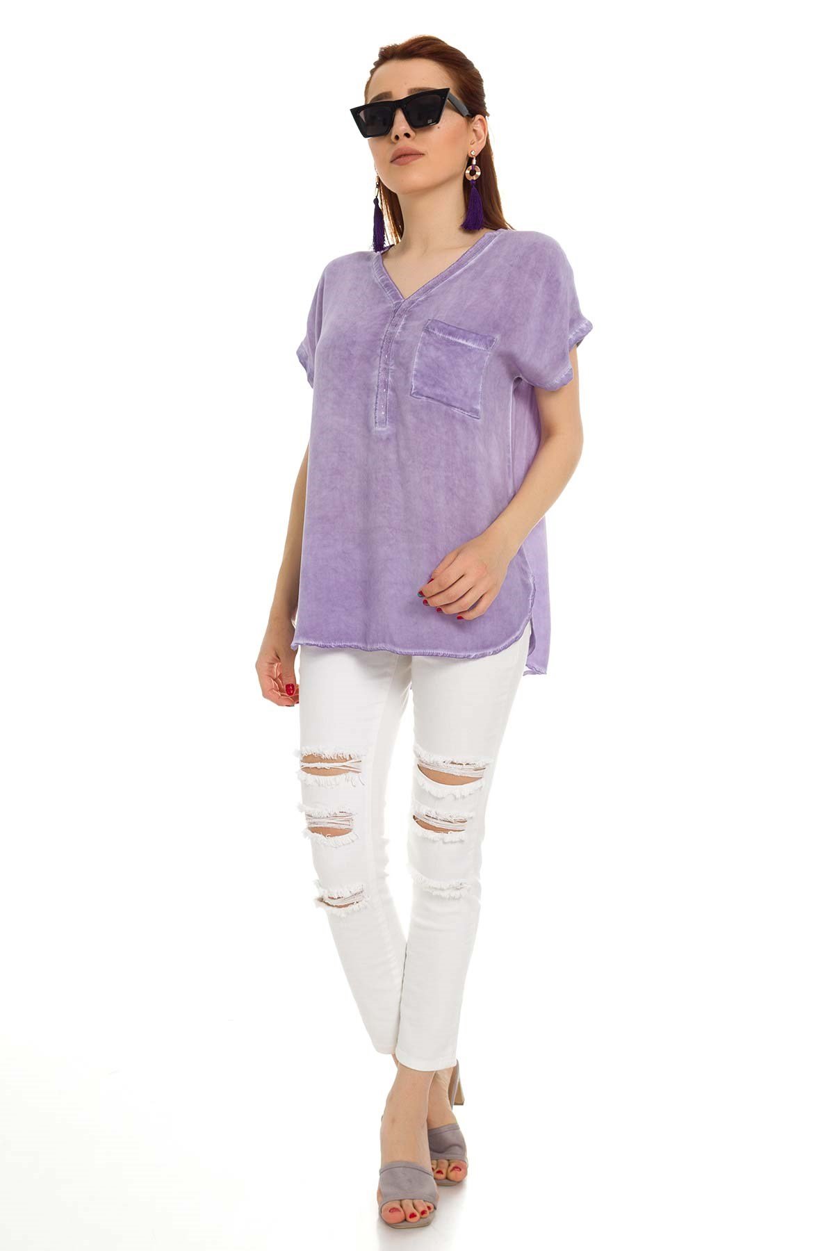 314 KB Yaka Pullu Yakma Keten Kısa Kol Bluz