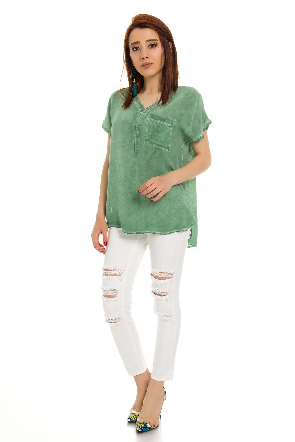 314 KB Yaka Pullu Yakma Keten Kısa Kol Bluz