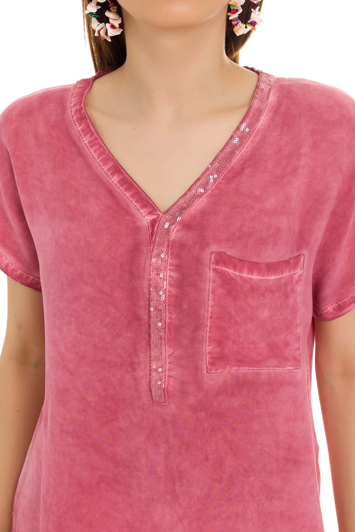 314 KB Yaka Pullu Yakma Keten Kısa Kol Bluz