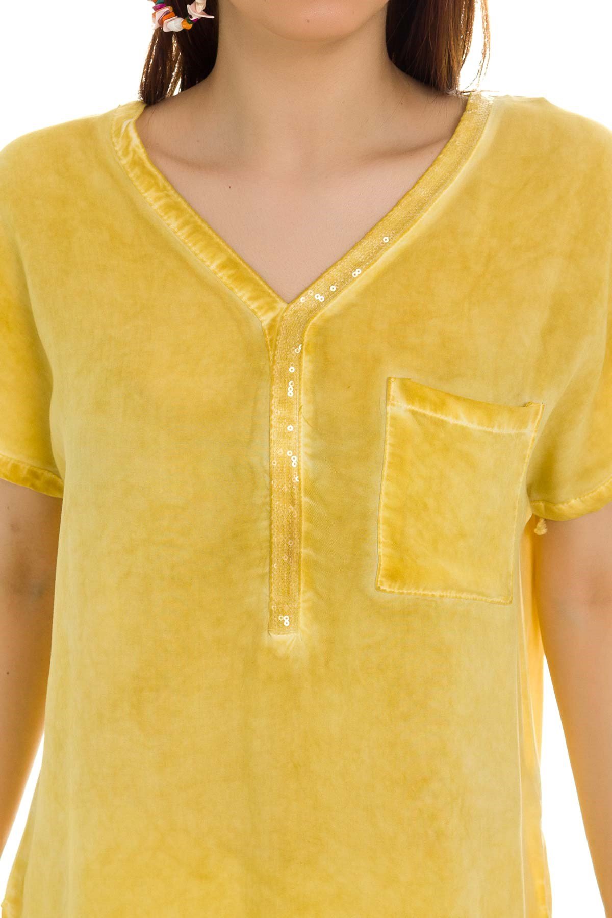 314 KB Yaka Pullu Yakma Keten Kısa Kol Bluz