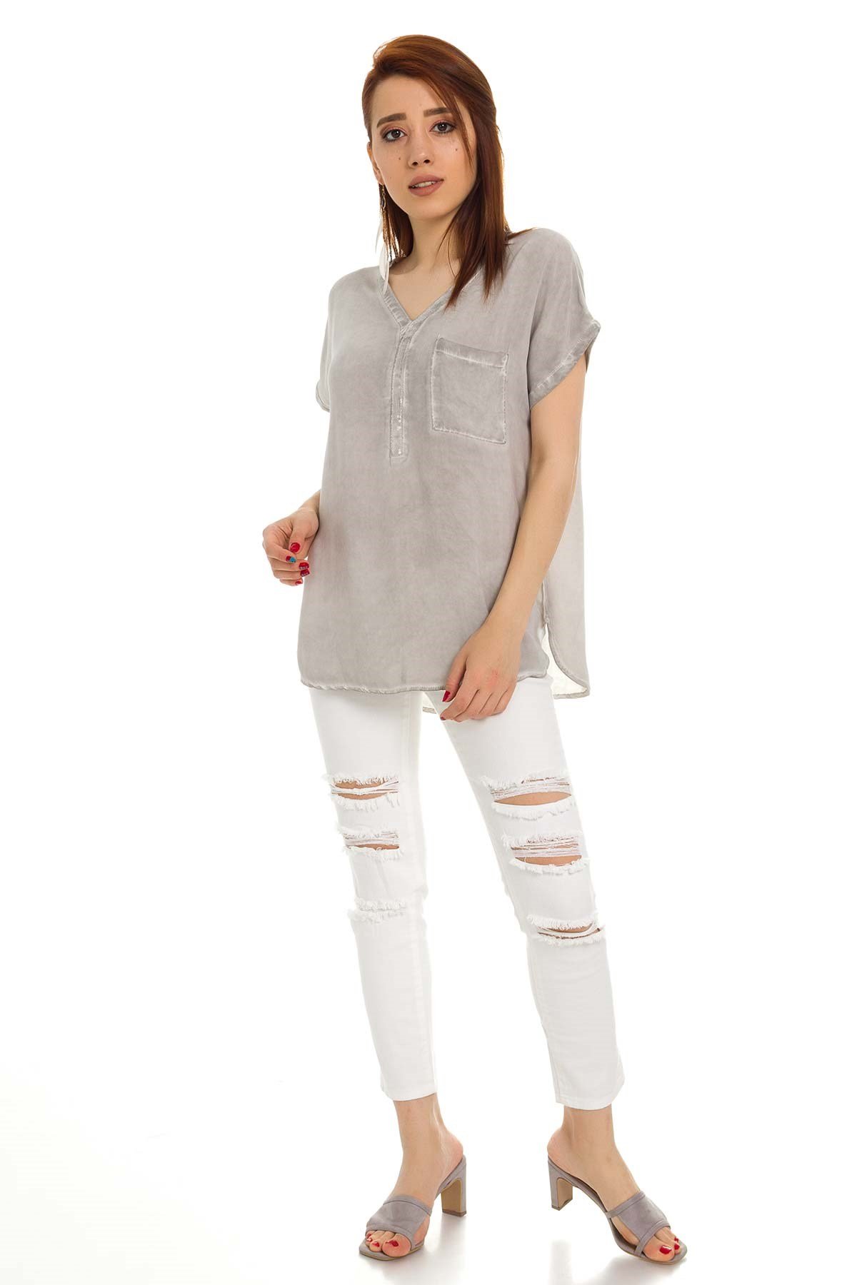 314 KB Yaka Pullu Yakma Keten Kısa Kol Bluz