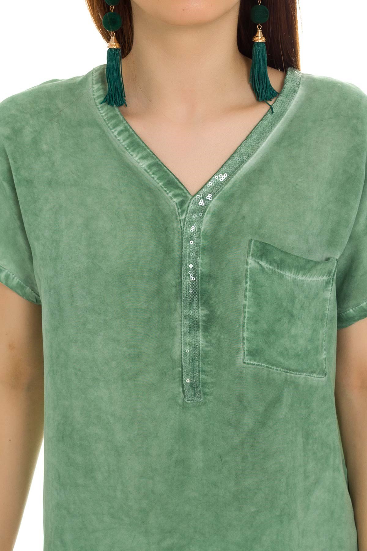 314 KB Yaka Pullu Yakma Keten Kısa Kol Bluz