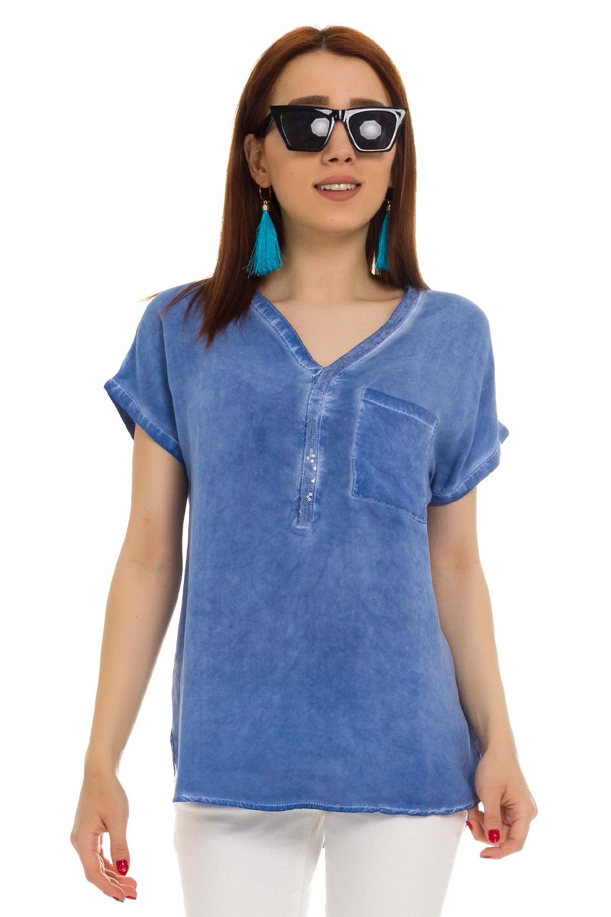 314 KB Yaka Pullu Yakma Keten Kısa Kol Bluz