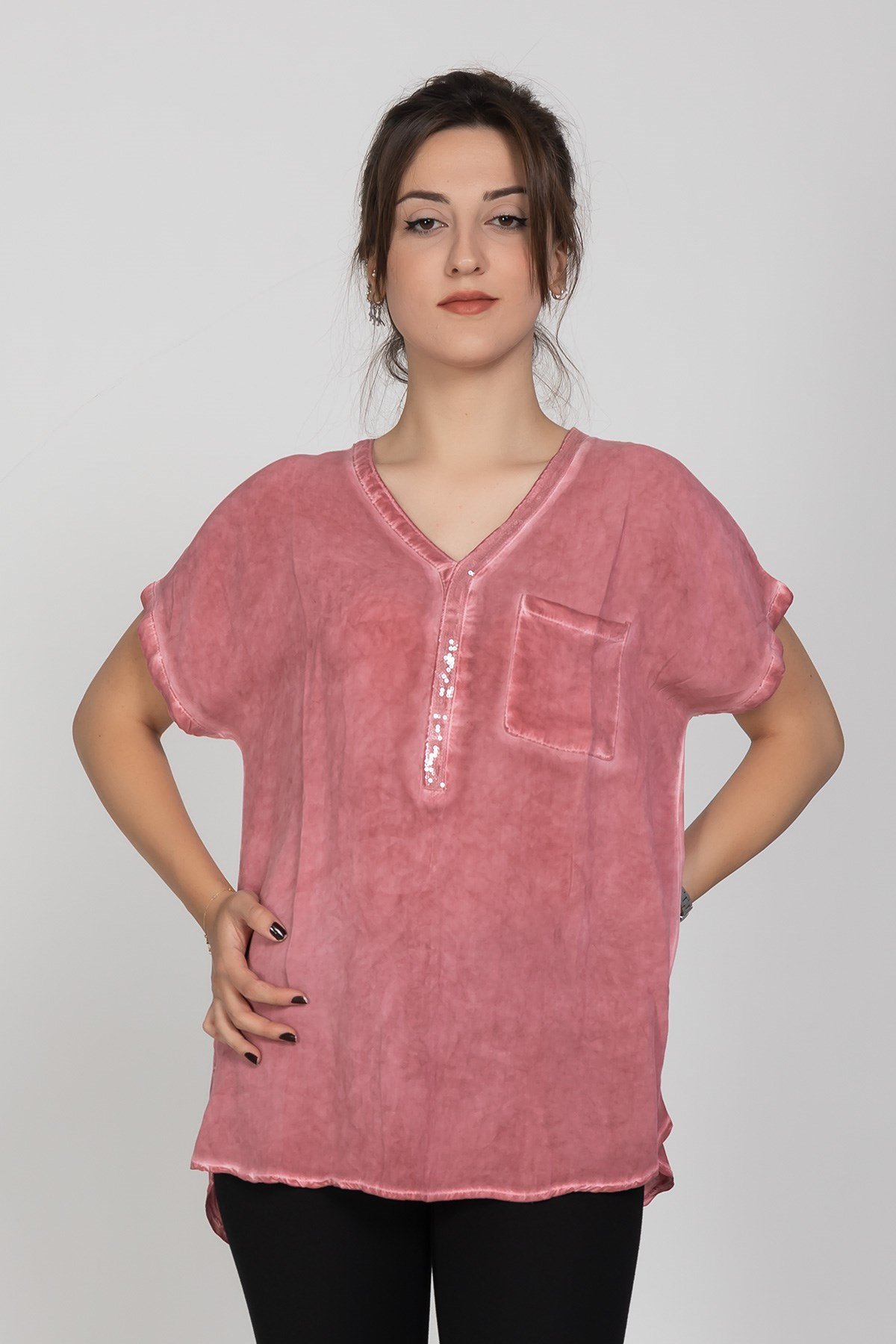 314 KB Yaka Pullu Yakma Keten Kısa Kol Bluz