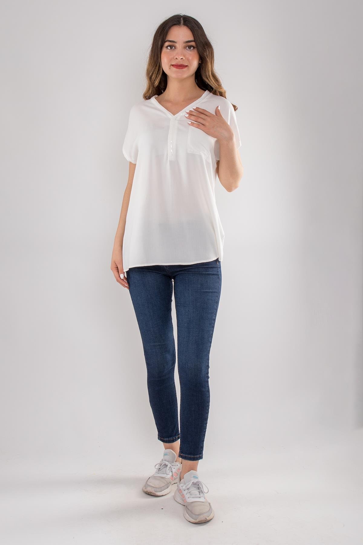 314 Yaka Pullu Yakma Keten Kısa Kol Bluz