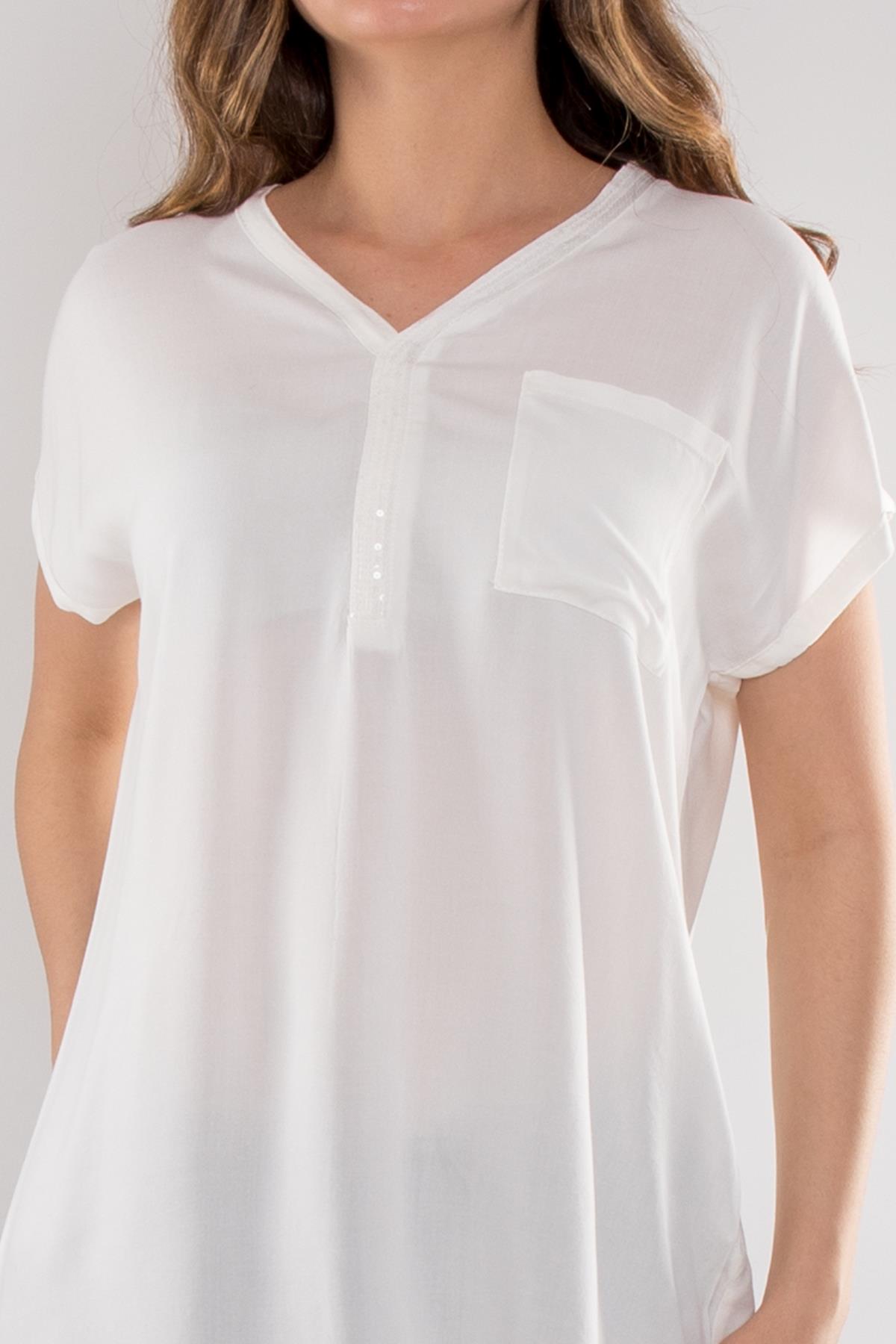 314 Yaka Pullu Yakma Keten Kısa Kol Bluz