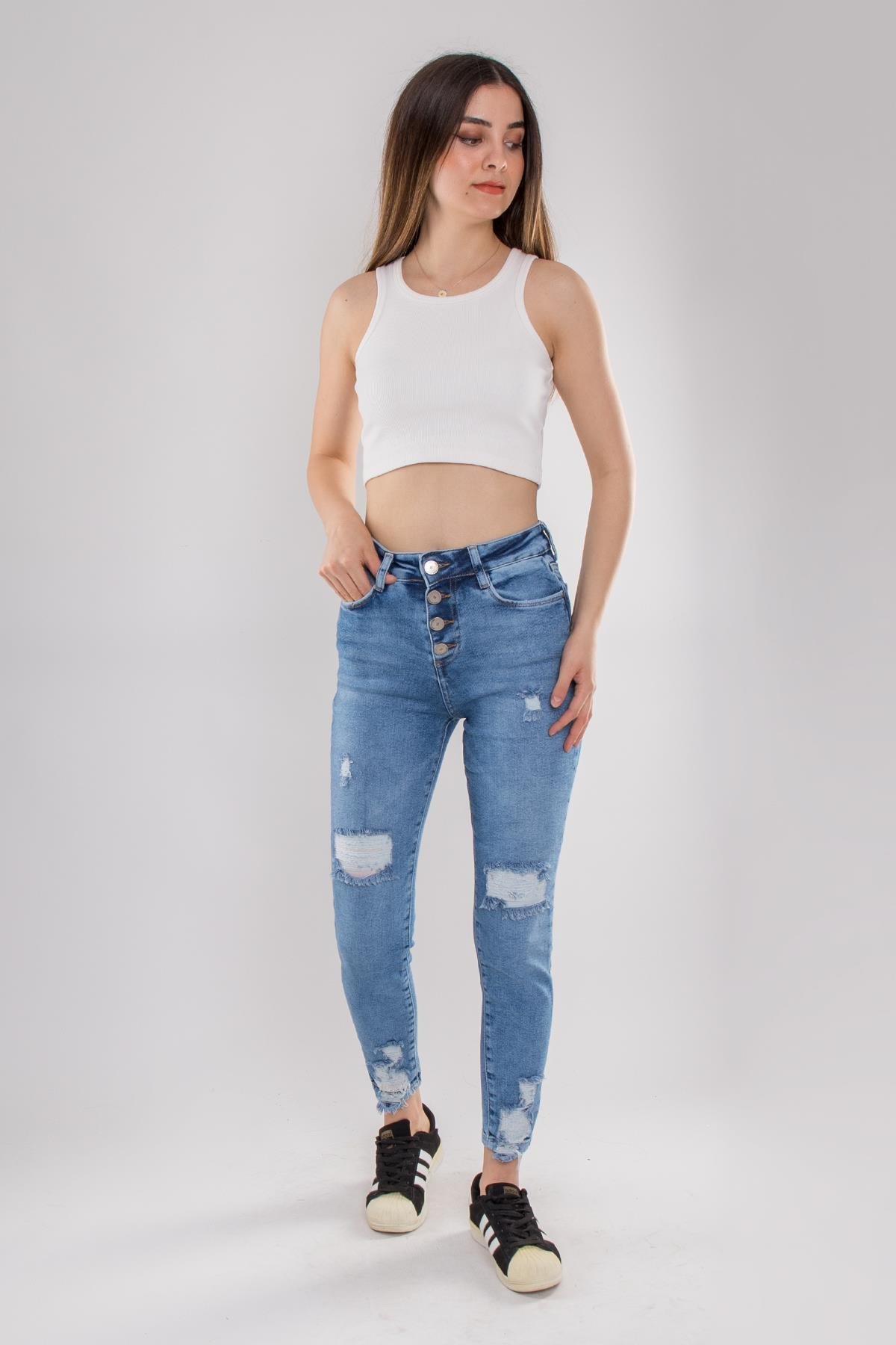 317 4 Düğme Yırtıklı Kot Kadın Pamuklu Pantolon