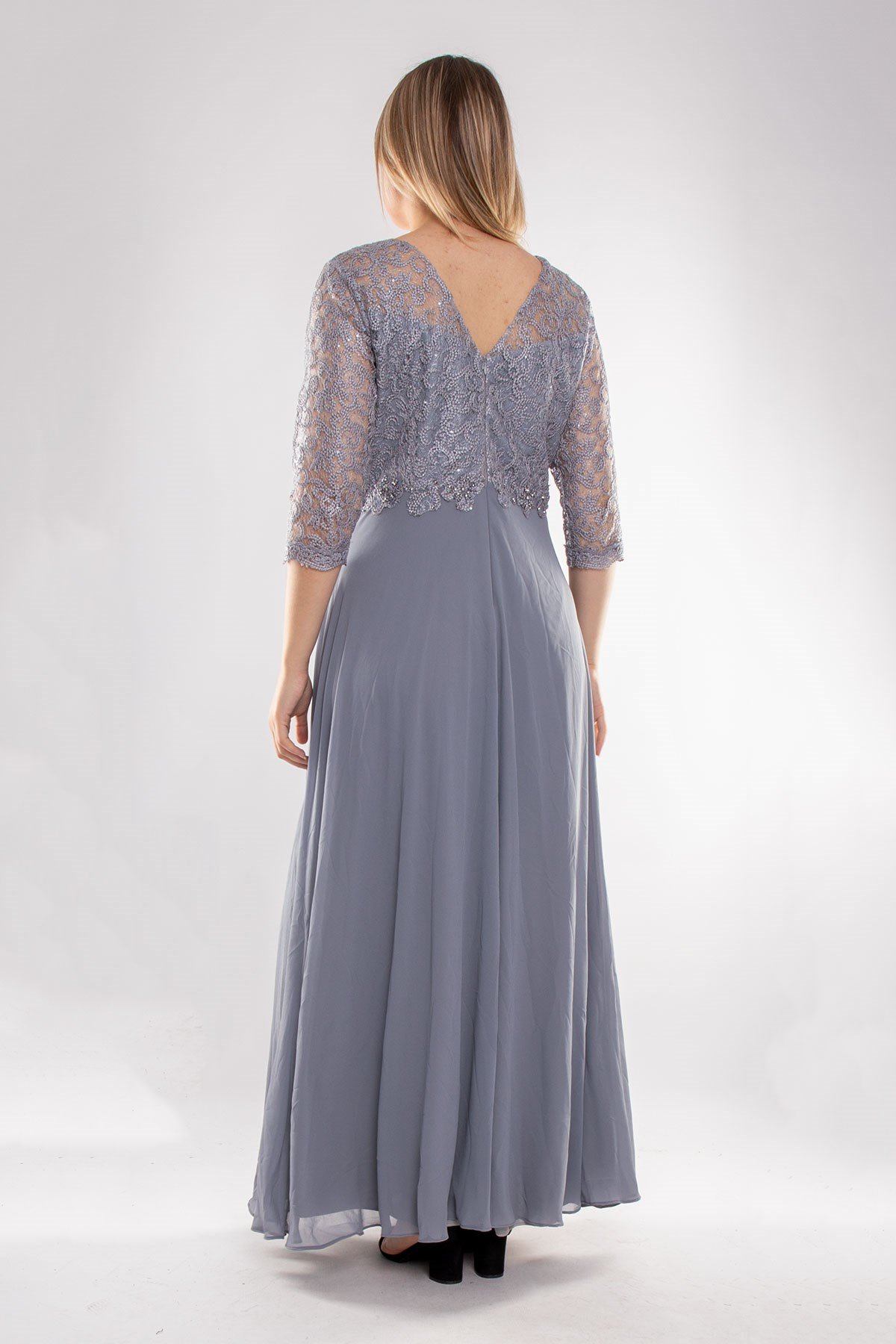 3175 Büyük Beden Truvakar Kol Yaprak Payet Taş ve Nakışlı Şifon Uzun Elbise