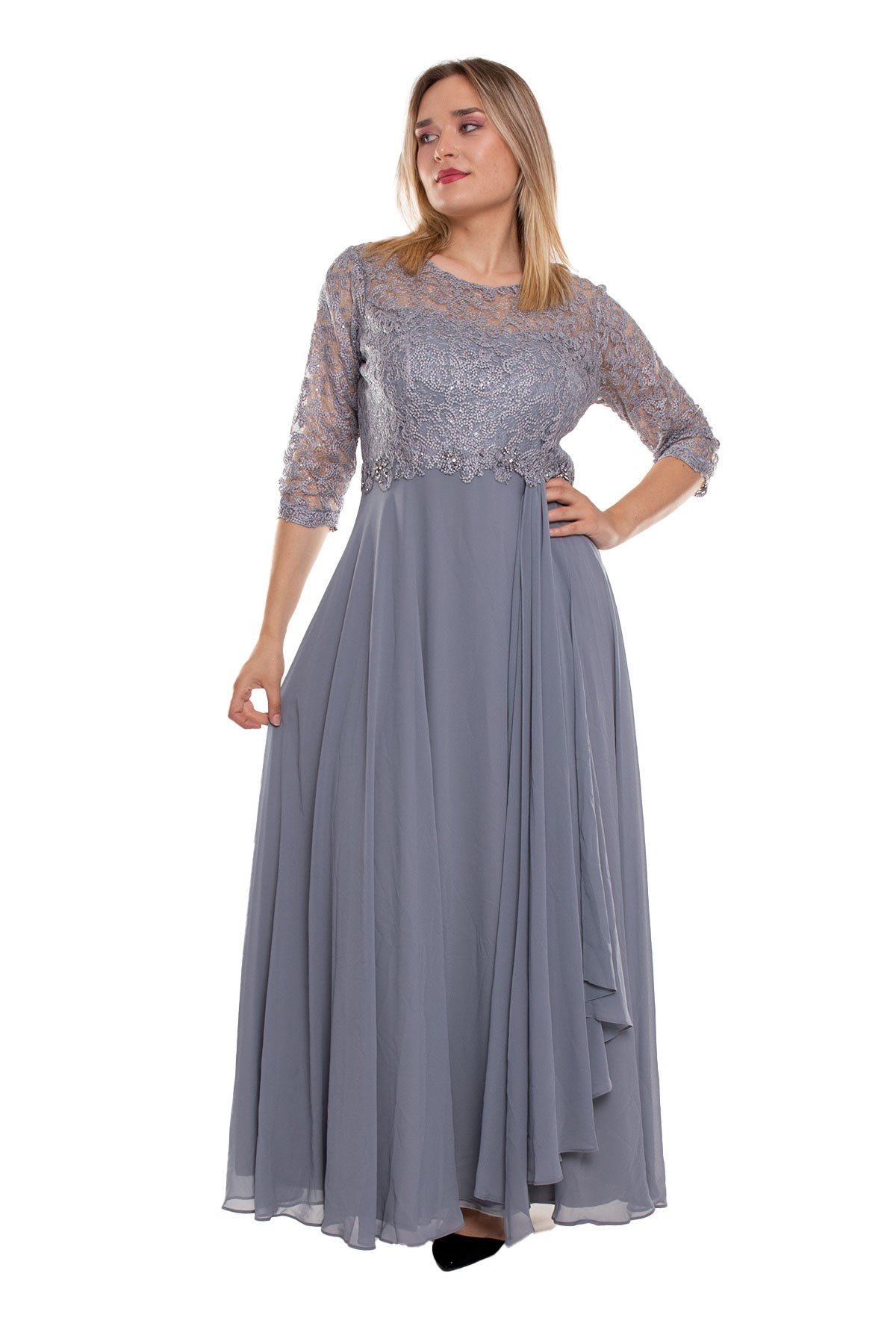 3175 Büyük Beden Truvakar Kol Yaprak Payet Taş ve Nakışlı Şifon Uzun Elbise