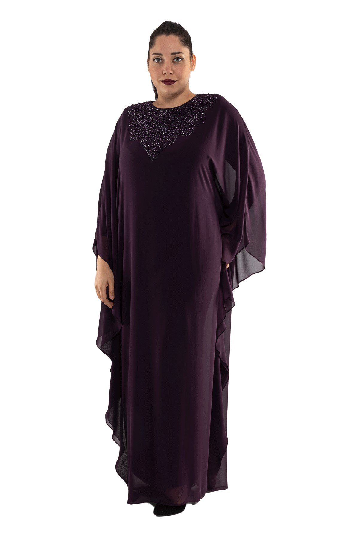 3190 YAKA BONCUK İŞLEMELİ YAR.KOL UZUN ELBİSE