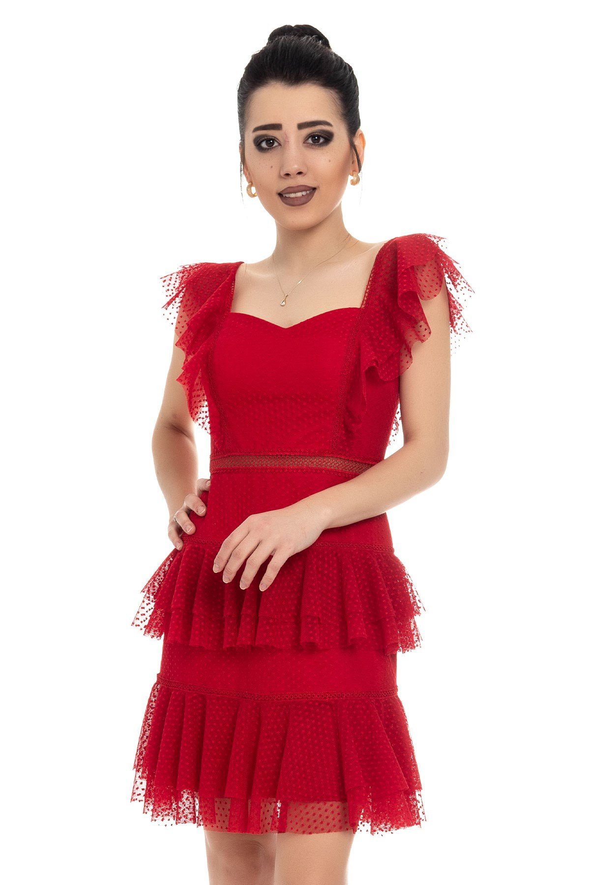 323 BB Öpücük Yaka-Eteği Fırfırlı Kısa Abiye