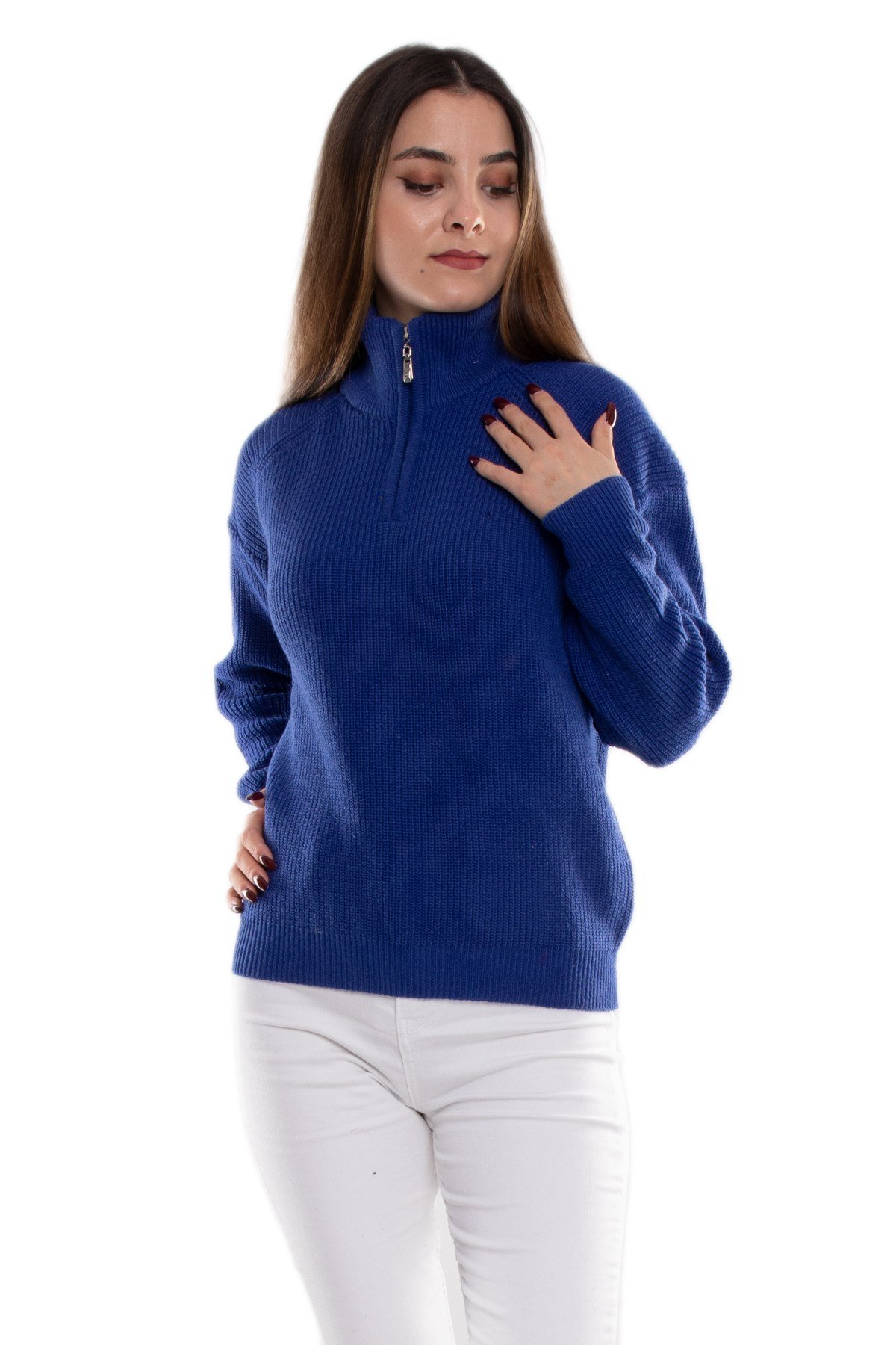 32322 Yarım Balıkçı Yaka Fermuarlı Kadın Triko Kazak