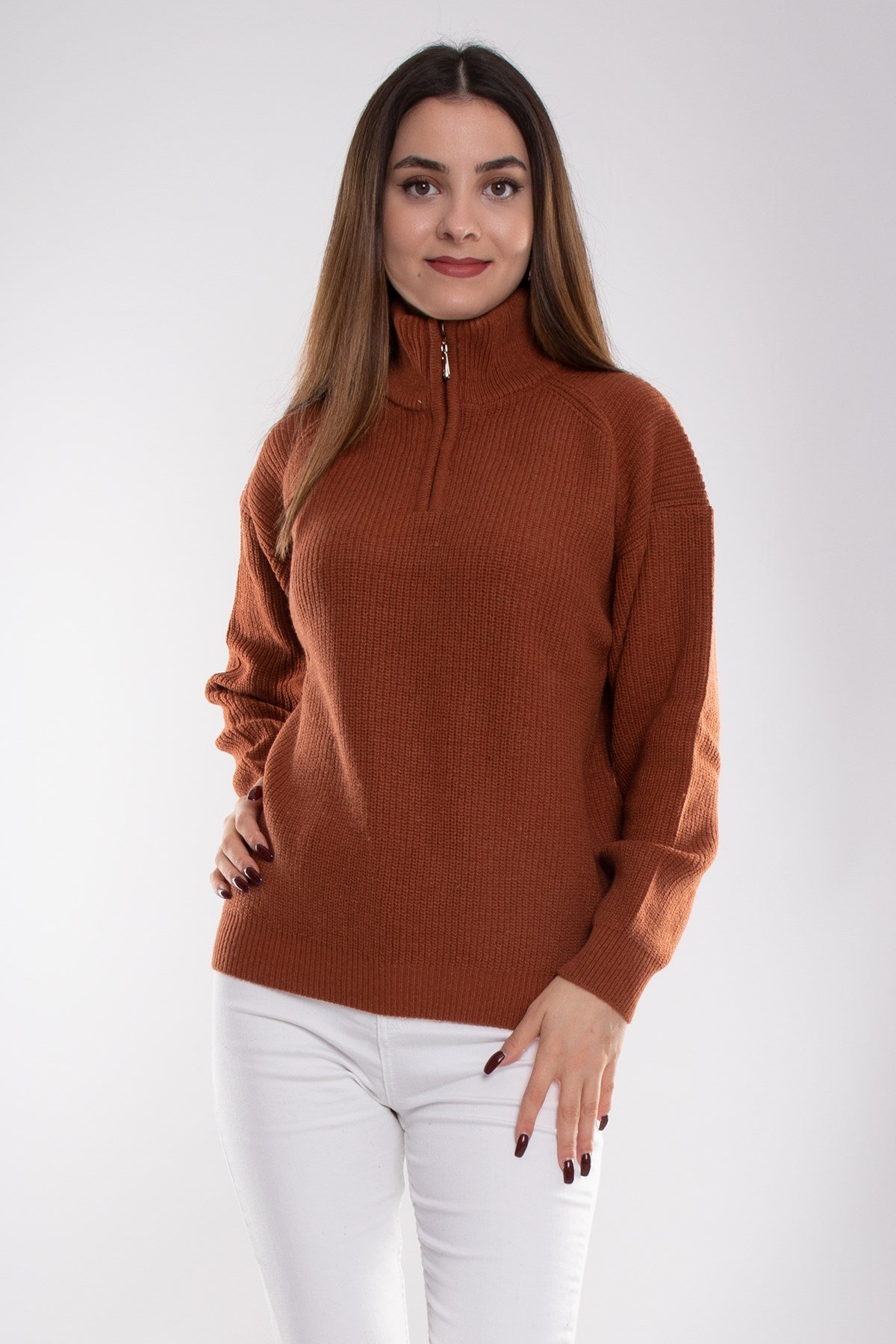 32322 Yarım Balıkçı Yaka Fermuarlı Kadın Triko Kazak