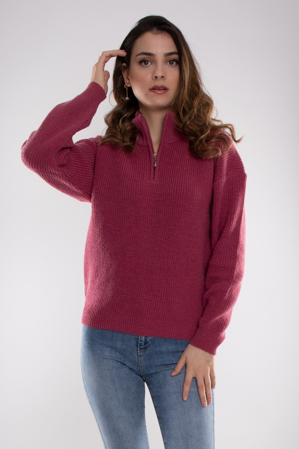 32322 Yarım Balıkçı Yaka Fermuarlı Kadın Triko Kazak