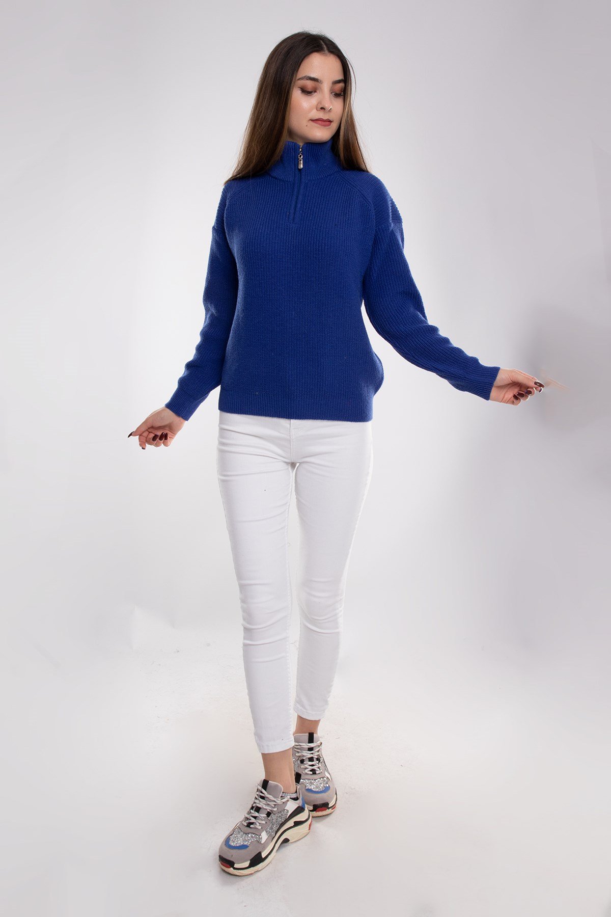 32322 Yarım Balıkçı Yaka Fermuarlı Kadın Triko Kazak