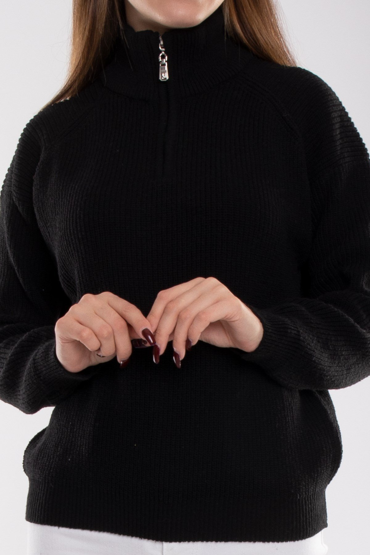 32322 Yarım Balıkçı Yaka Fermuarlı Kadın Triko Kazak