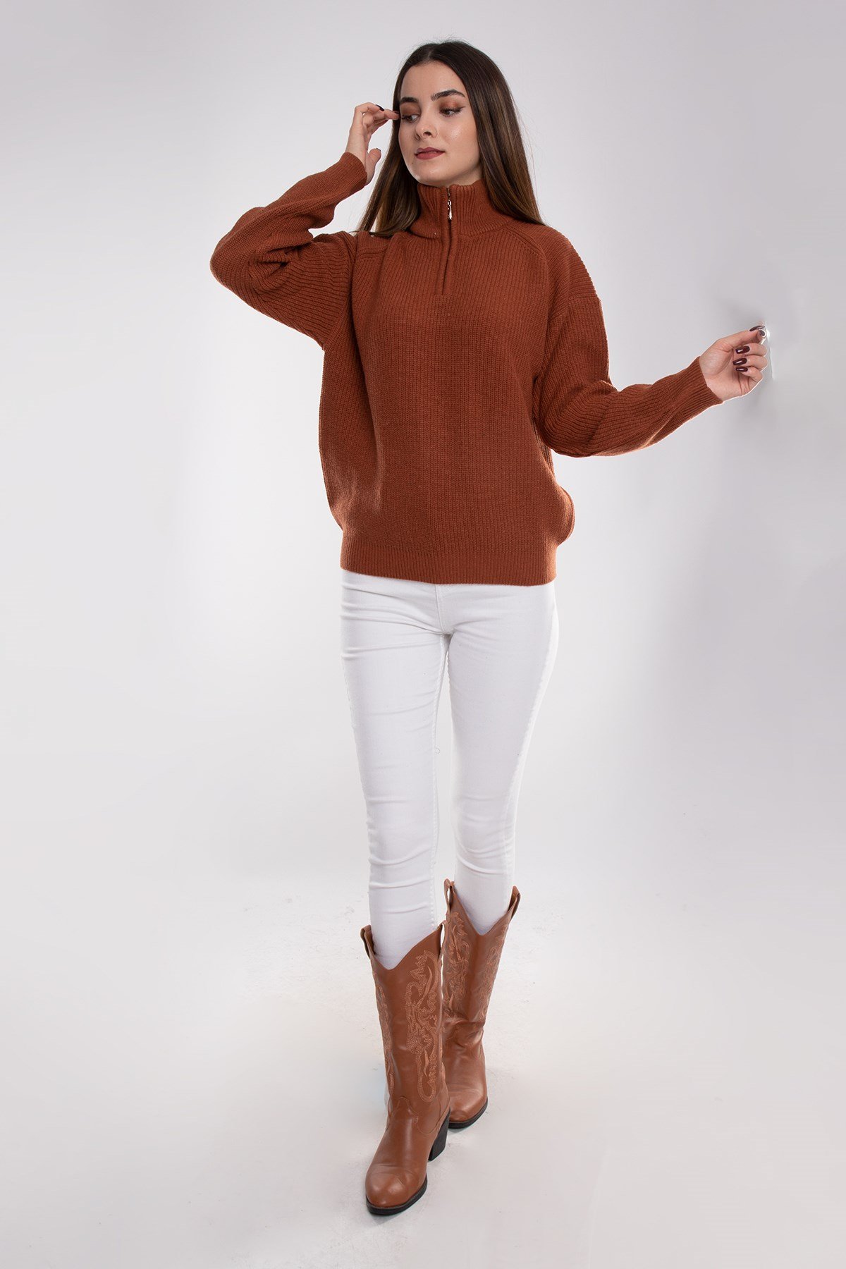 32322 Yarım Balıkçı Yaka Fermuarlı Kadın Triko Kazak