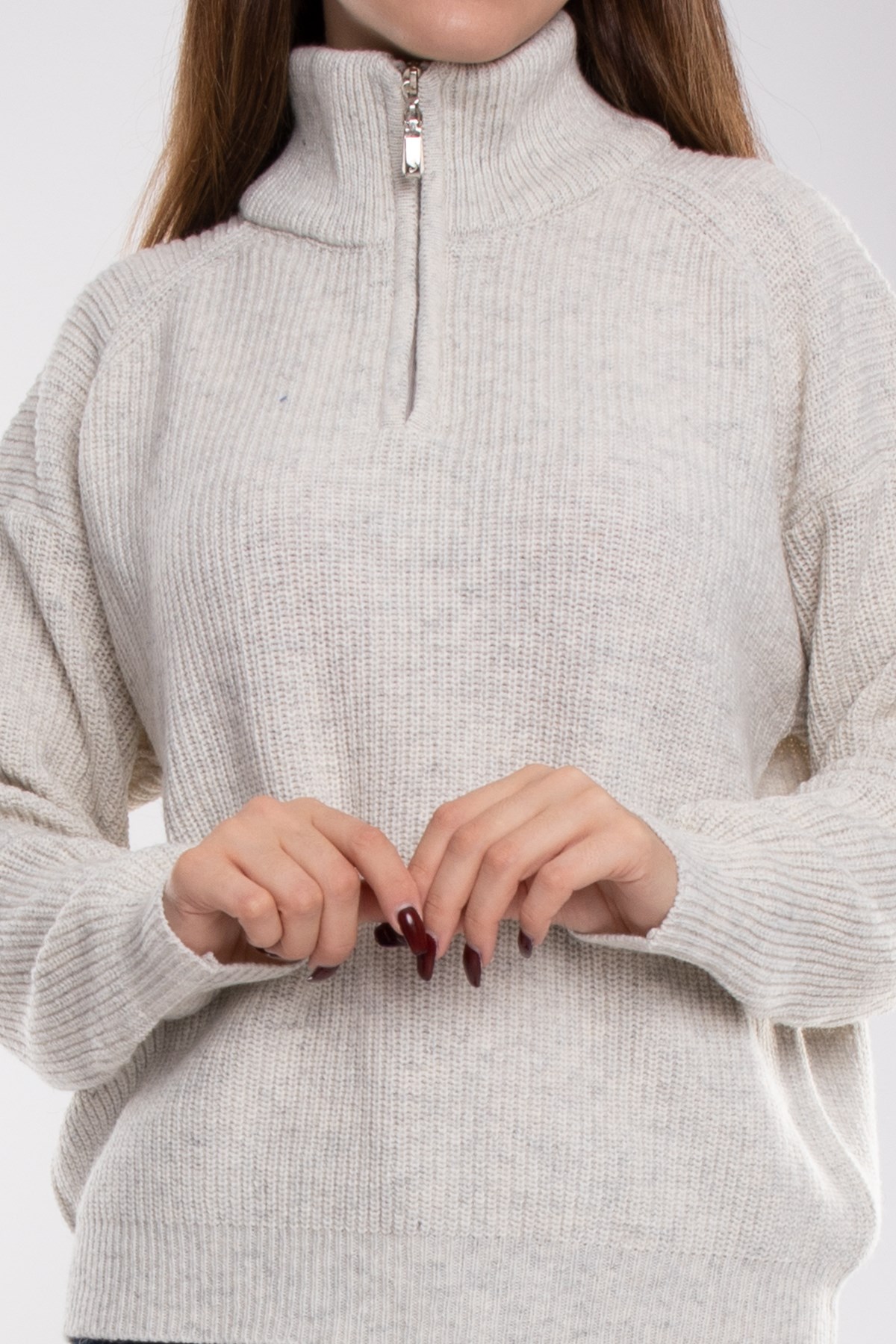 32322 Yarım Balıkçı Yaka Fermuarlı Kadın Triko Kazak