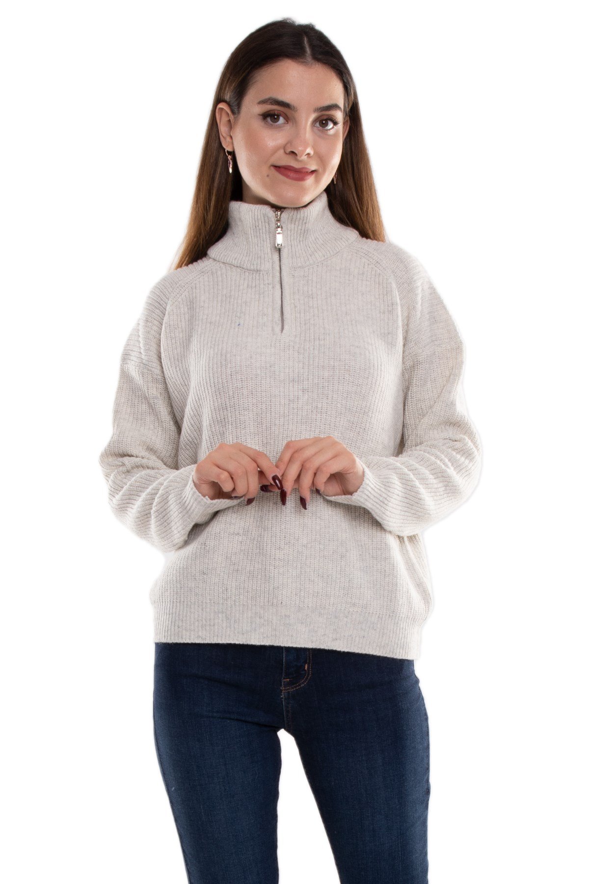 32322 Yarım Balıkçı Yaka Fermuarlı Kadın Triko Kazak