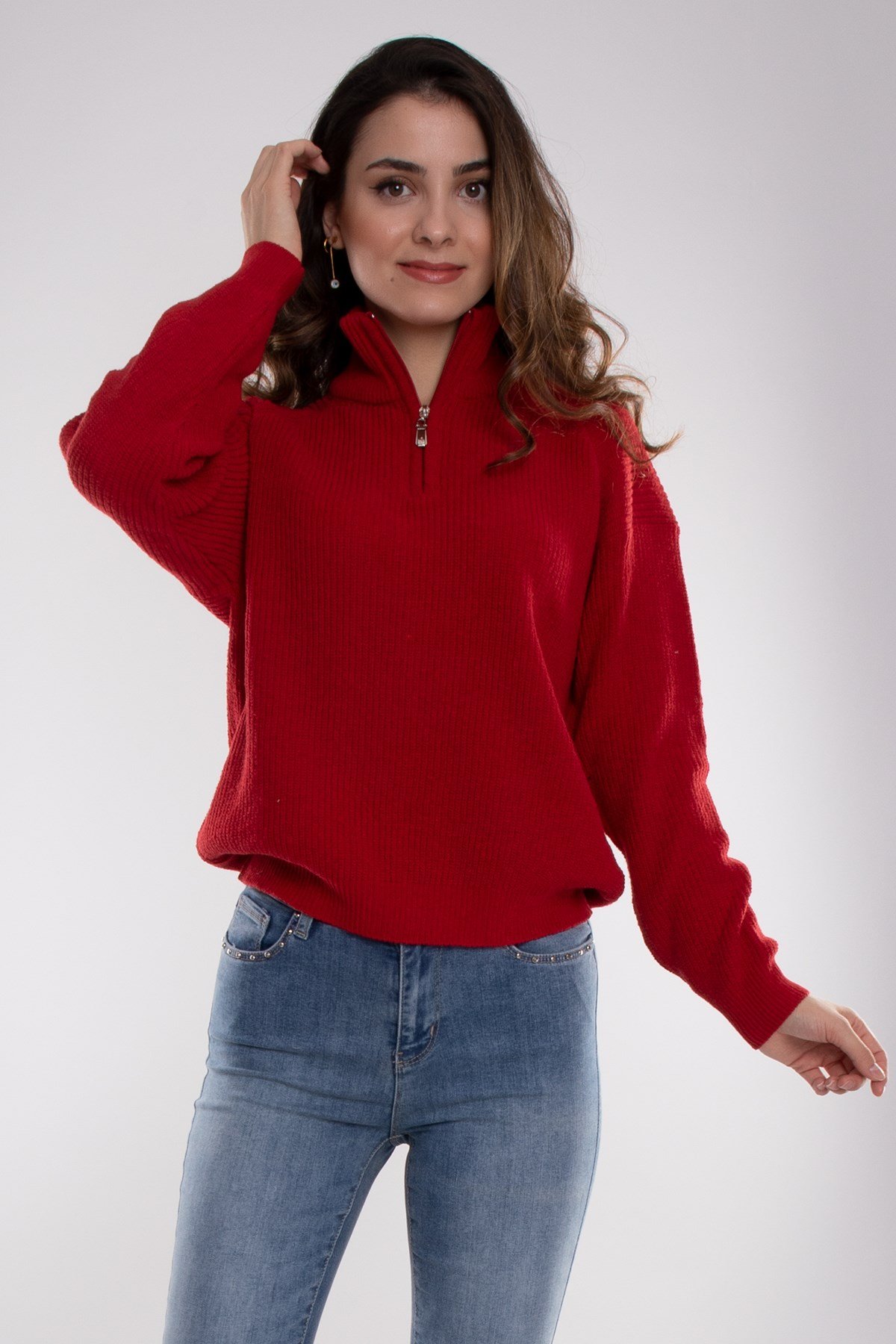 32322 Yarım Balıkçı Yaka Fermuarlı Kadın Triko Kazak