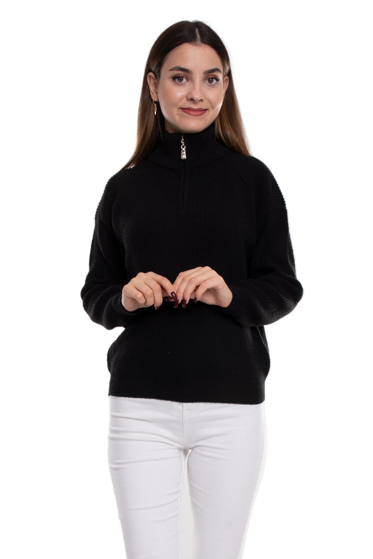 32322 Yarım Balıkçı Yaka Fermuarlı Kadın Triko Kazak