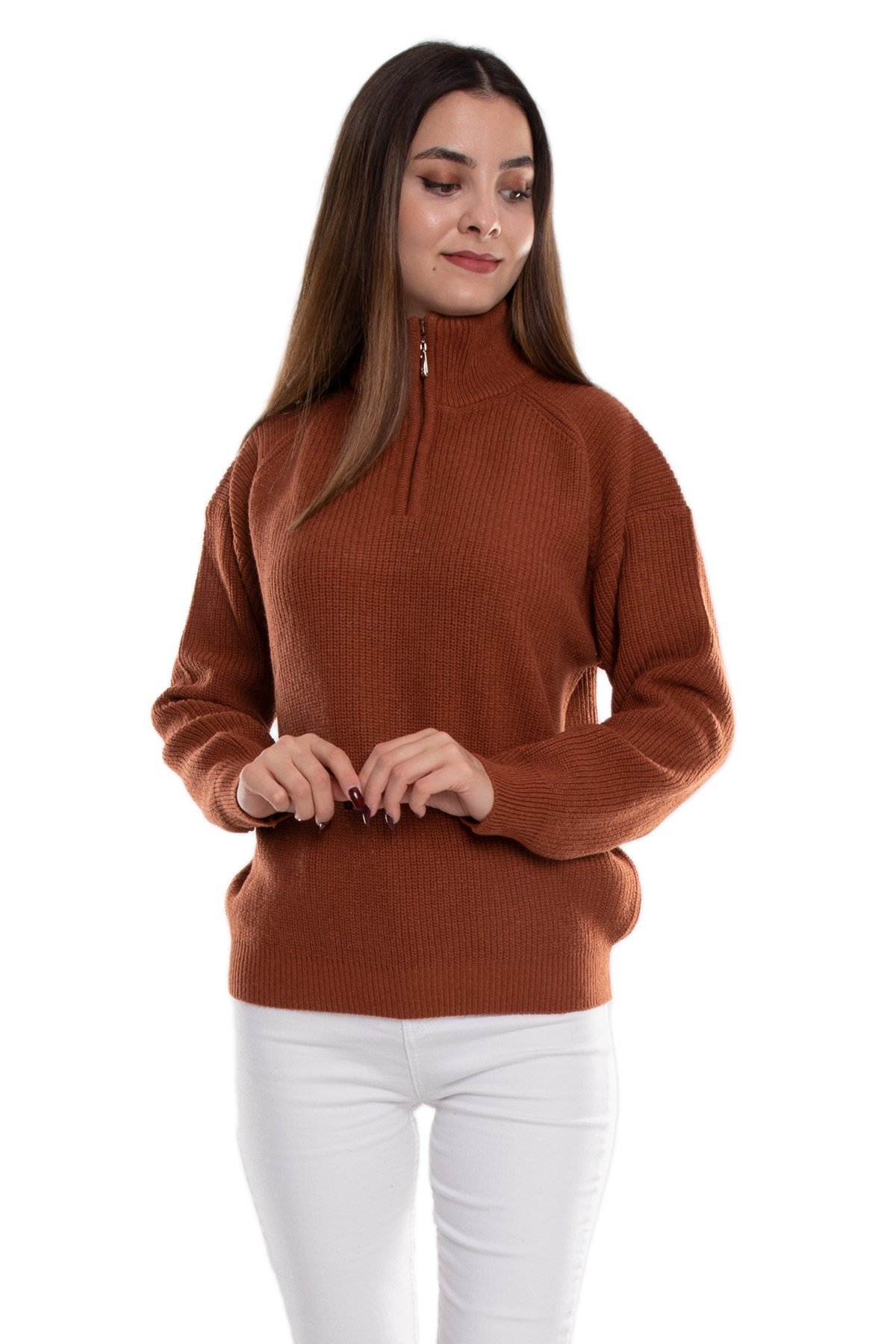 32322 Yarım Balıkçı Yaka Fermuarlı Kadın Triko Kazak