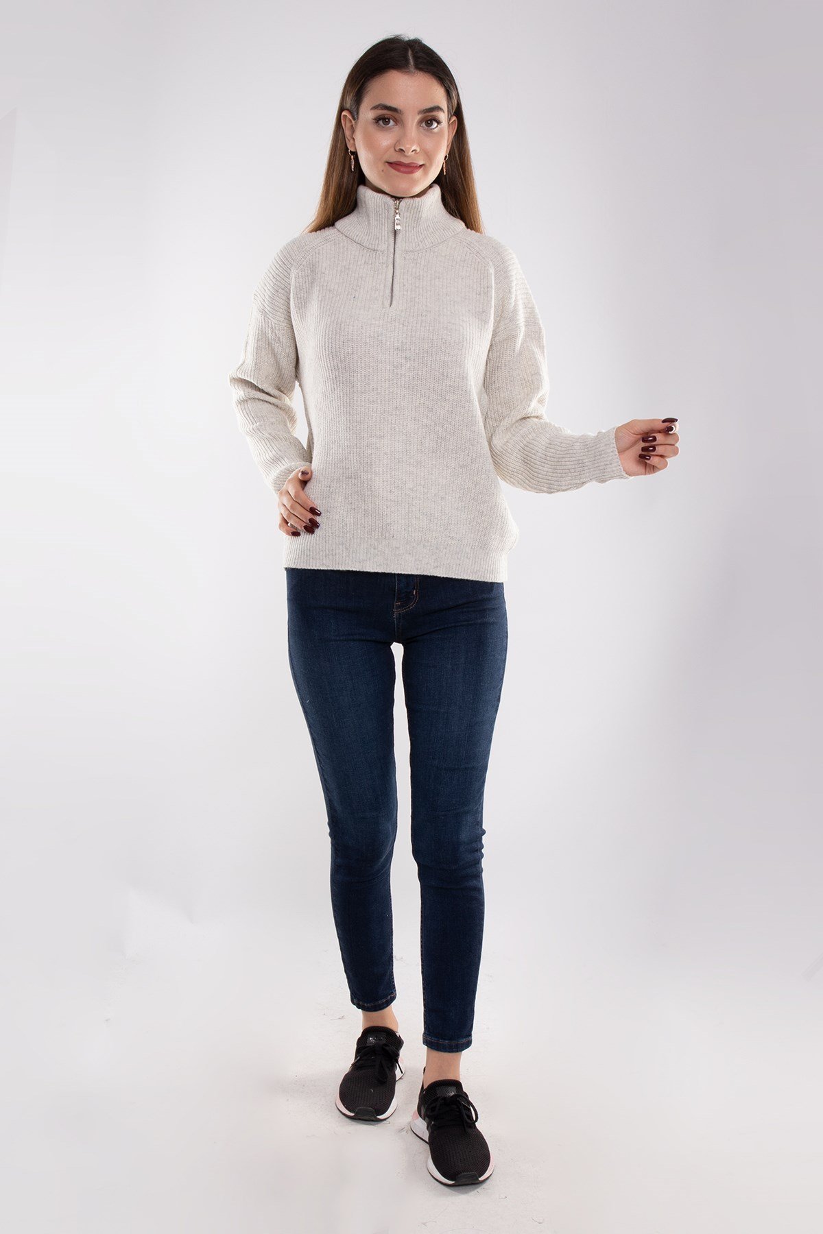 32322 Yarım Balıkçı Yaka Fermuarlı Kadın Triko Kazak