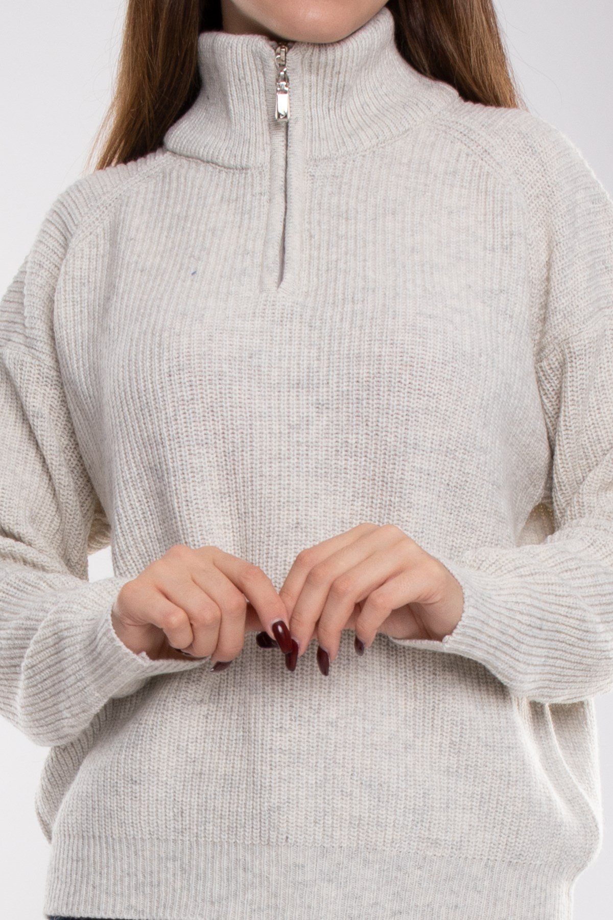 32322 Yarım Balıkçı Yaka Fermuarlı Kadın Triko Kazak