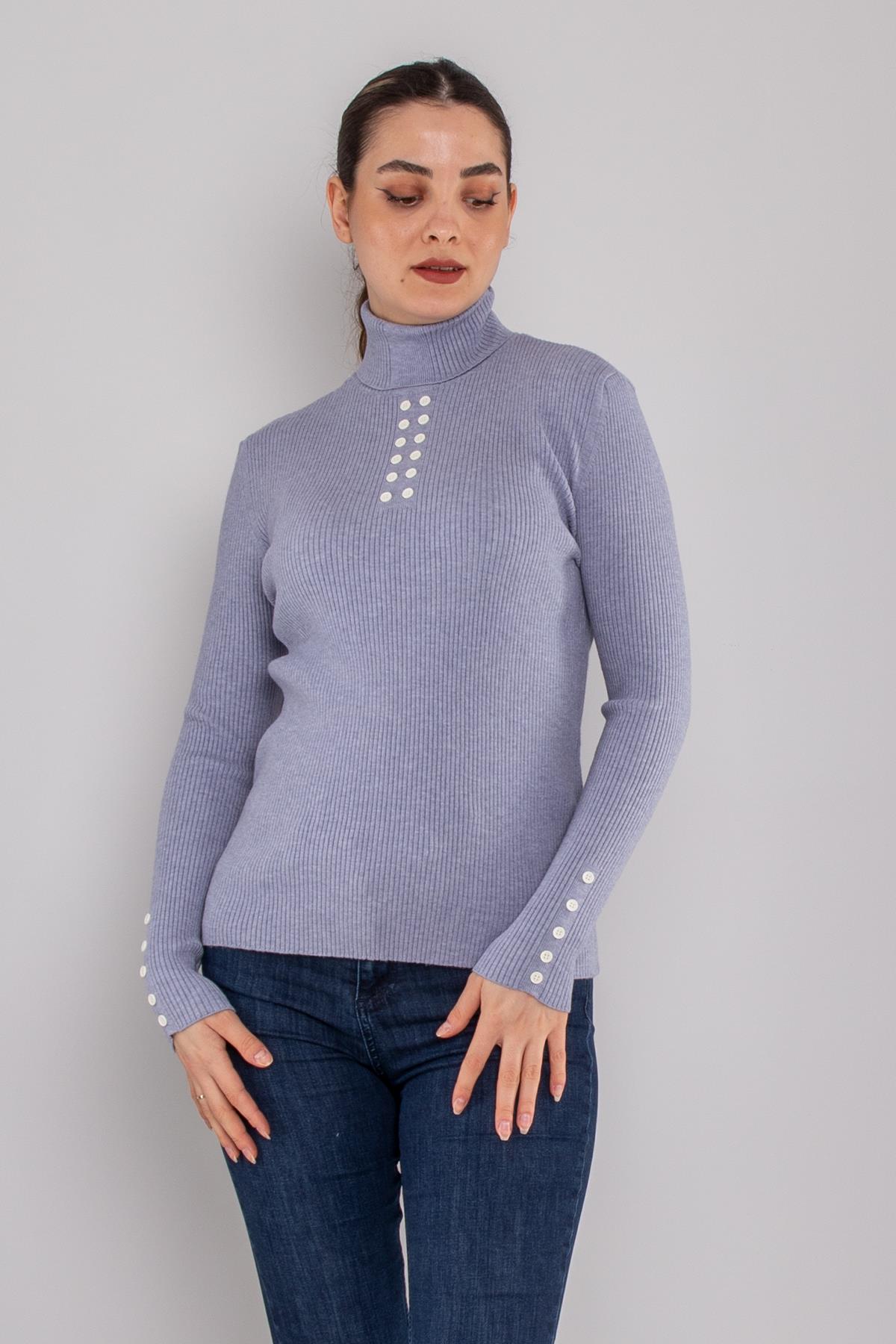 32325 Tam Balıkçı Yaka Kol Düğmeli Triko Kadın Kazak