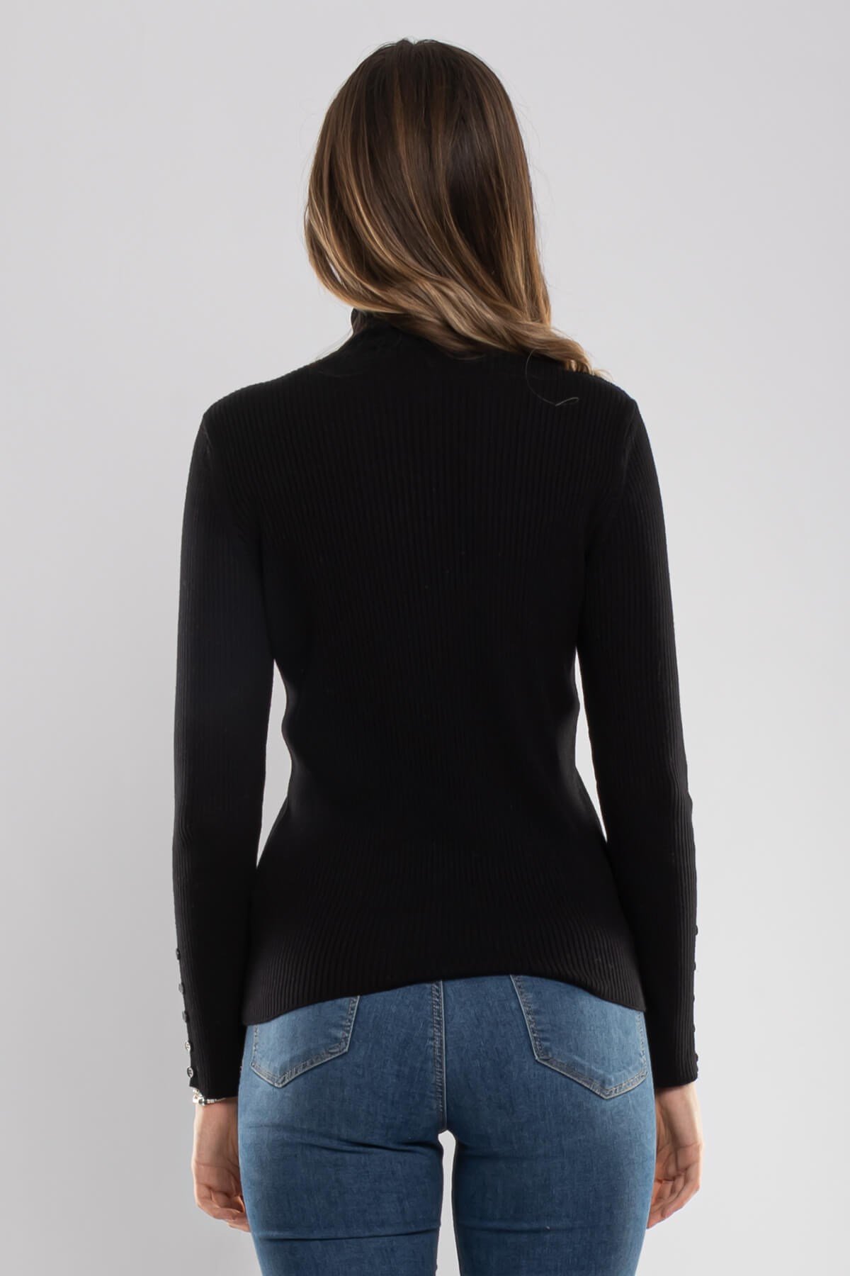 32325 Tam Balıkçı Yaka Kol Düğmeli Triko Kadın Kazak